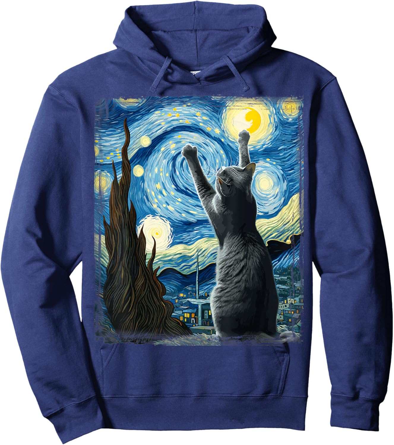 Van Gogh Starry Night Style Artistic Russian Blue Cat Hoodie - Hoodie | Navy