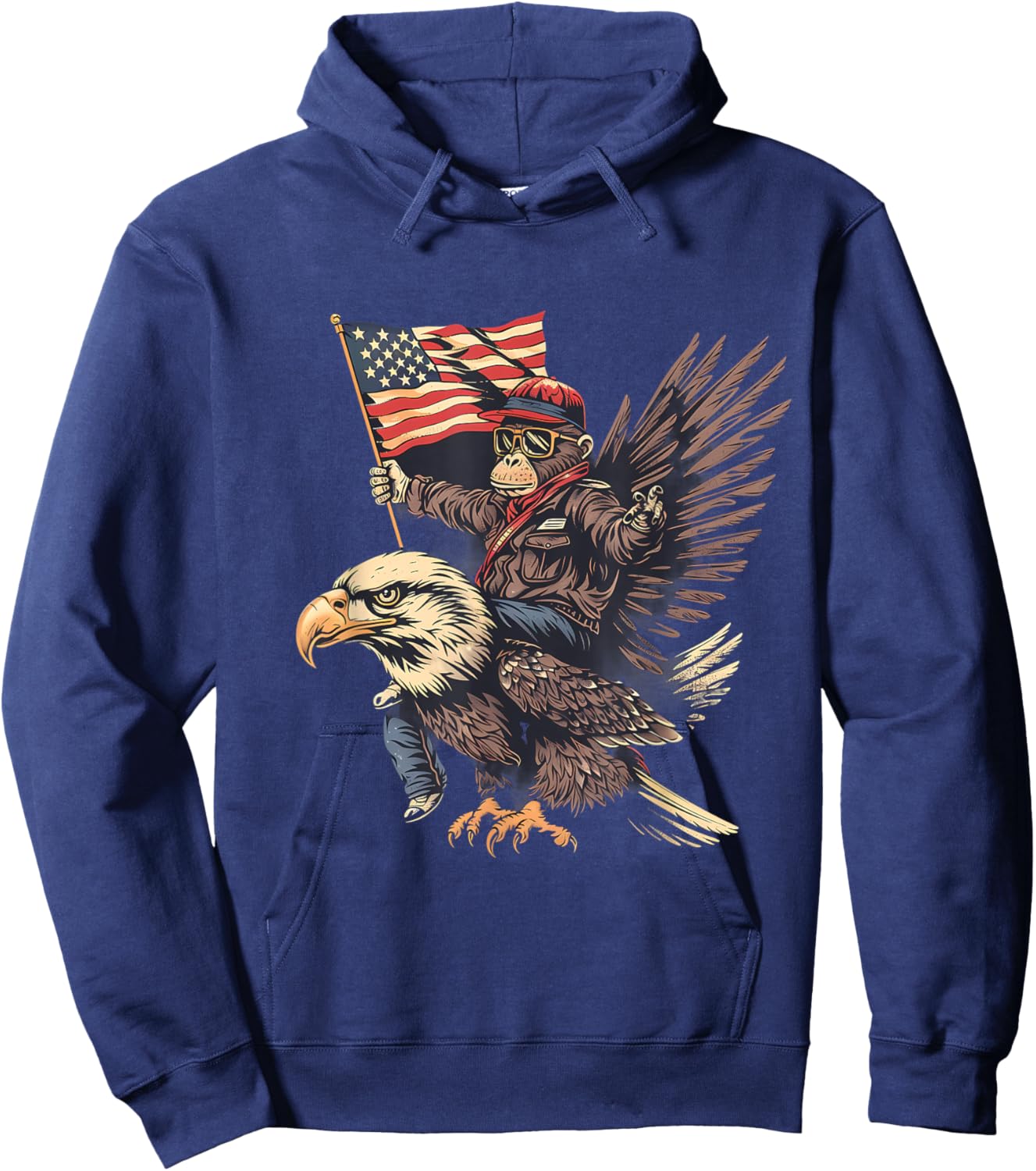 Funny Monkey Bald Eagle USA American Flag Fourth Of July Kids Men Hoodie - Hoodie | Navy