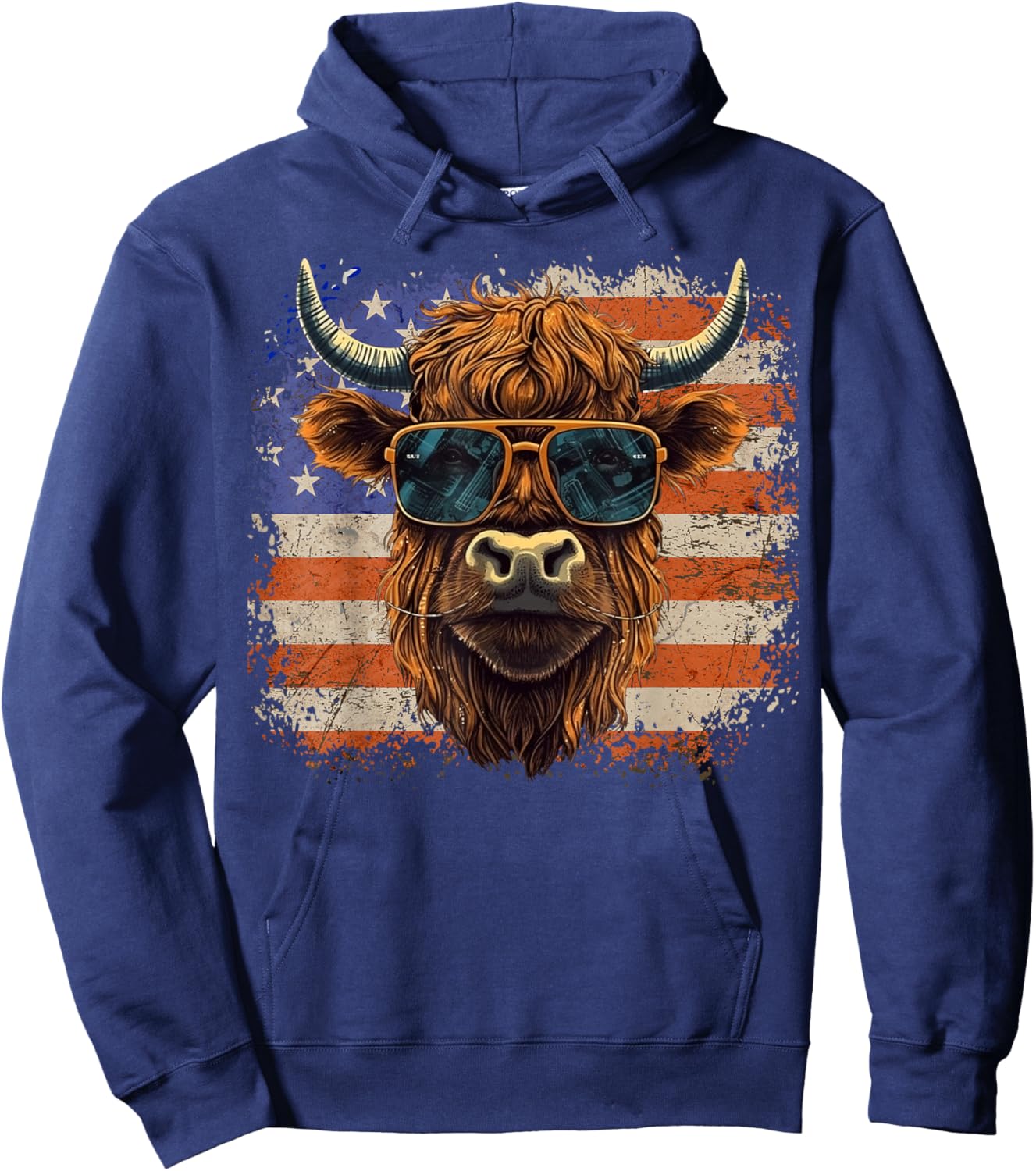 American Flag, Highland Cow-Fourth of July, Cow Lover Cool Hoodie - Hoodie | Navy
