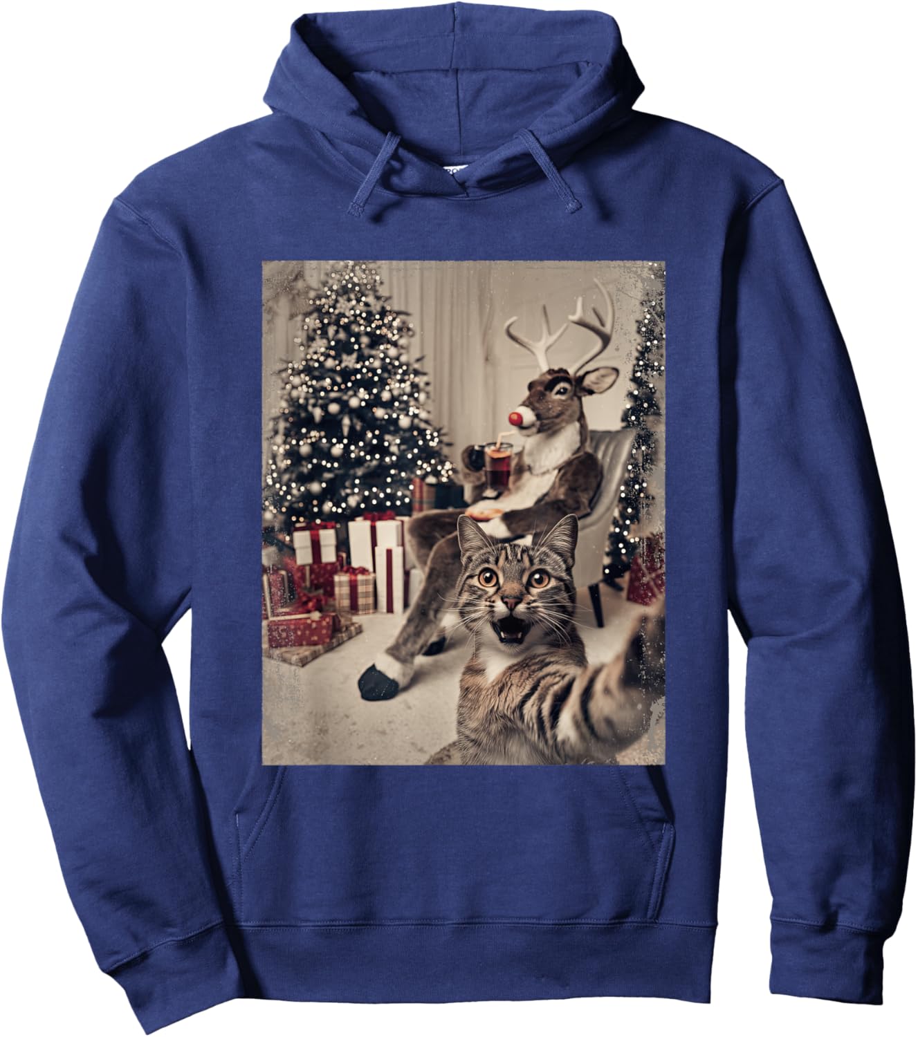 Funny Xmas Cat Selfie Reindeer Ugly Sweater Christmas Outfit Hoodie - Hoodie | Navy