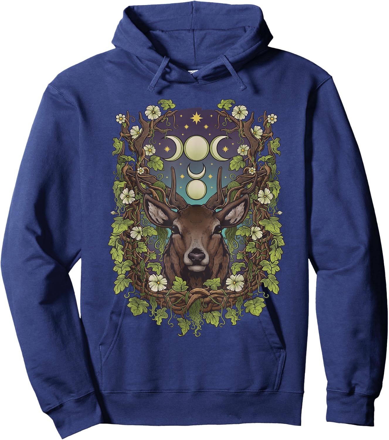 Art Nouveau Cernunnos Stag Bohemian Nature Moon Phases Wicca Hoodie - Hoodie | Navy