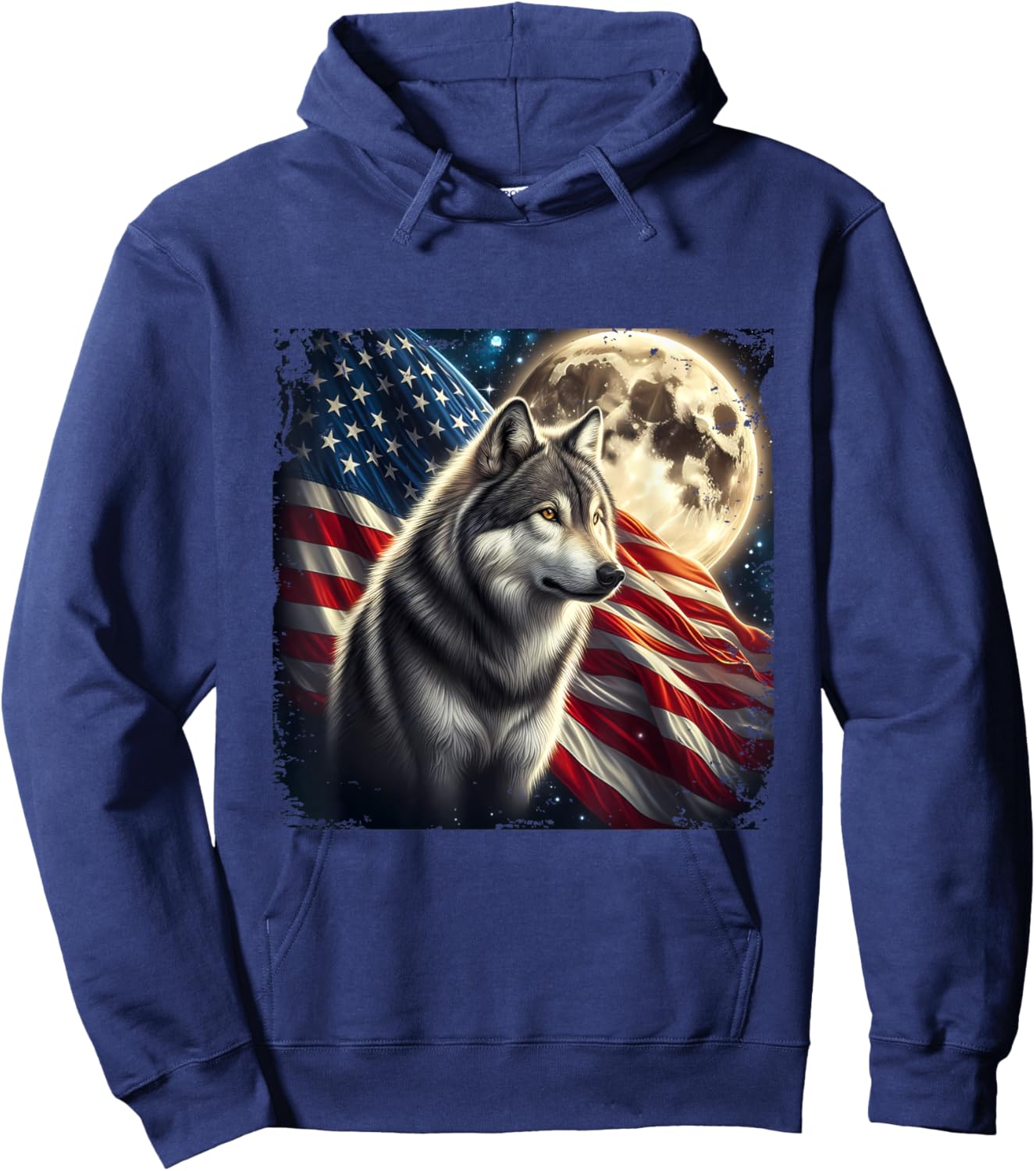 Wolf 4th of July American Flag Alpha Wolf Under Moon Hoodie - Hoodie | Navy