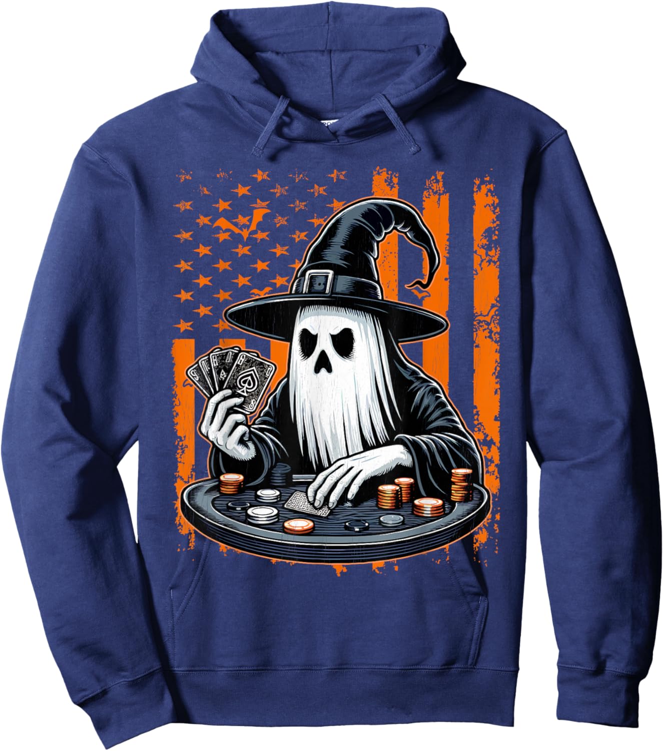 Poker Ghost Halloween Scary Costume Poker Player USA Flag Hoodie - Hoodie | Navy
