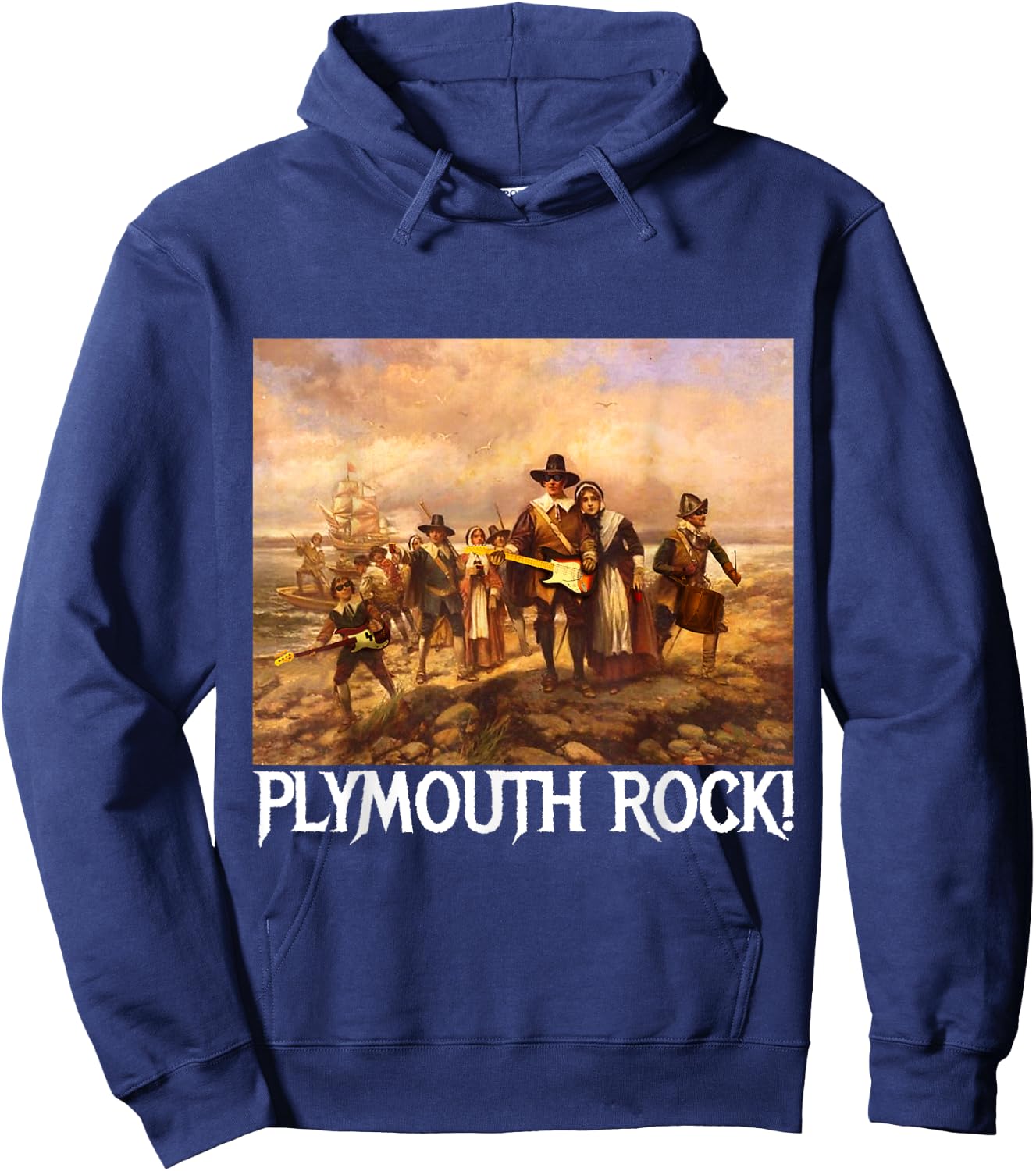Plymouth Rock! Thanksgiving Pilgrims Rocking Guitars & Drum Hoodie - Hoodie | Navy