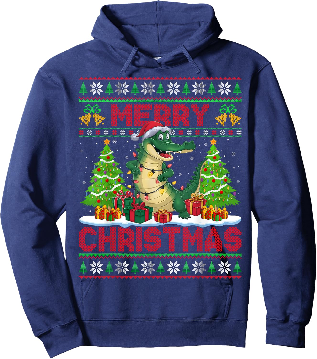 Xmas Tree Ugly Style Santa Hat Alligator Christmas Hoodie - Hoodie | Navy