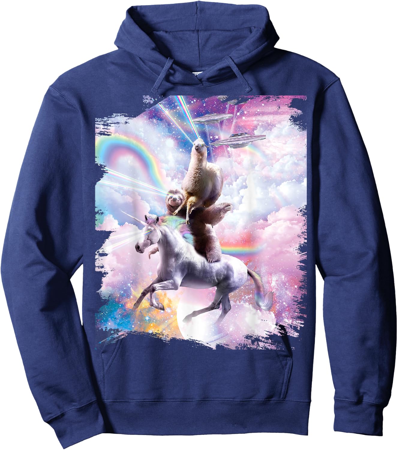 Laser Eyes Space Llama on Sloth Unicorn - Rainbow Hoodie - Hoodie | Navy