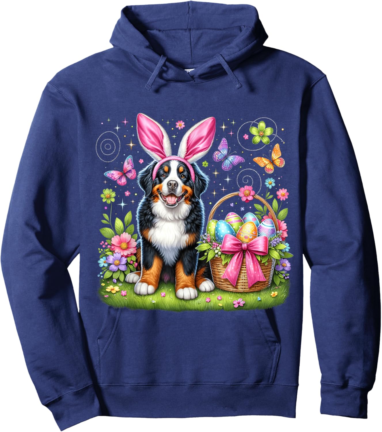 Cute Bunny Bernese Mountain Dog Dog Easter Eggs Basket Party Hoodie - Hoodie | Navy