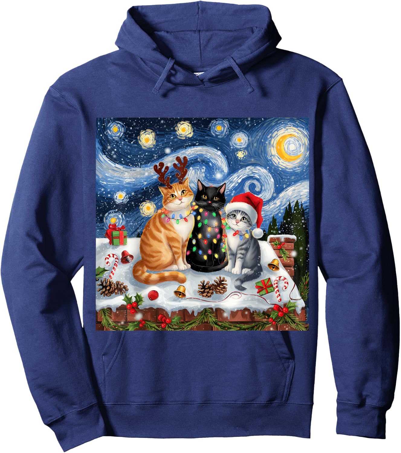 Christmas Van Gogh Starry Night Black Cat Santa Funny Xmas Hoodie - Hoodie | Navy