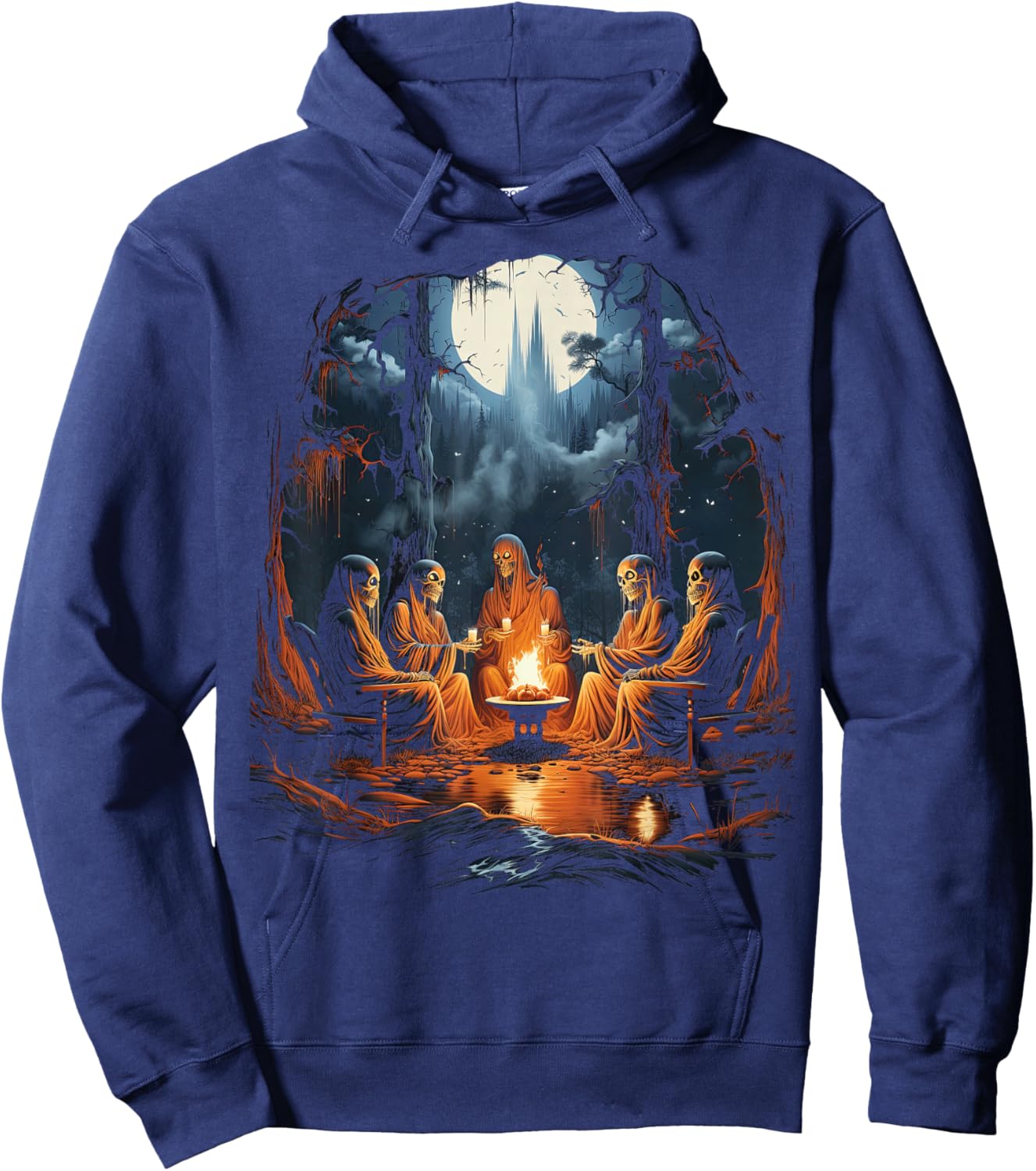 Vintage Ghost and Skeleton by Fire Camping Gothic Halloween Hoodie - Hoodie | Navy