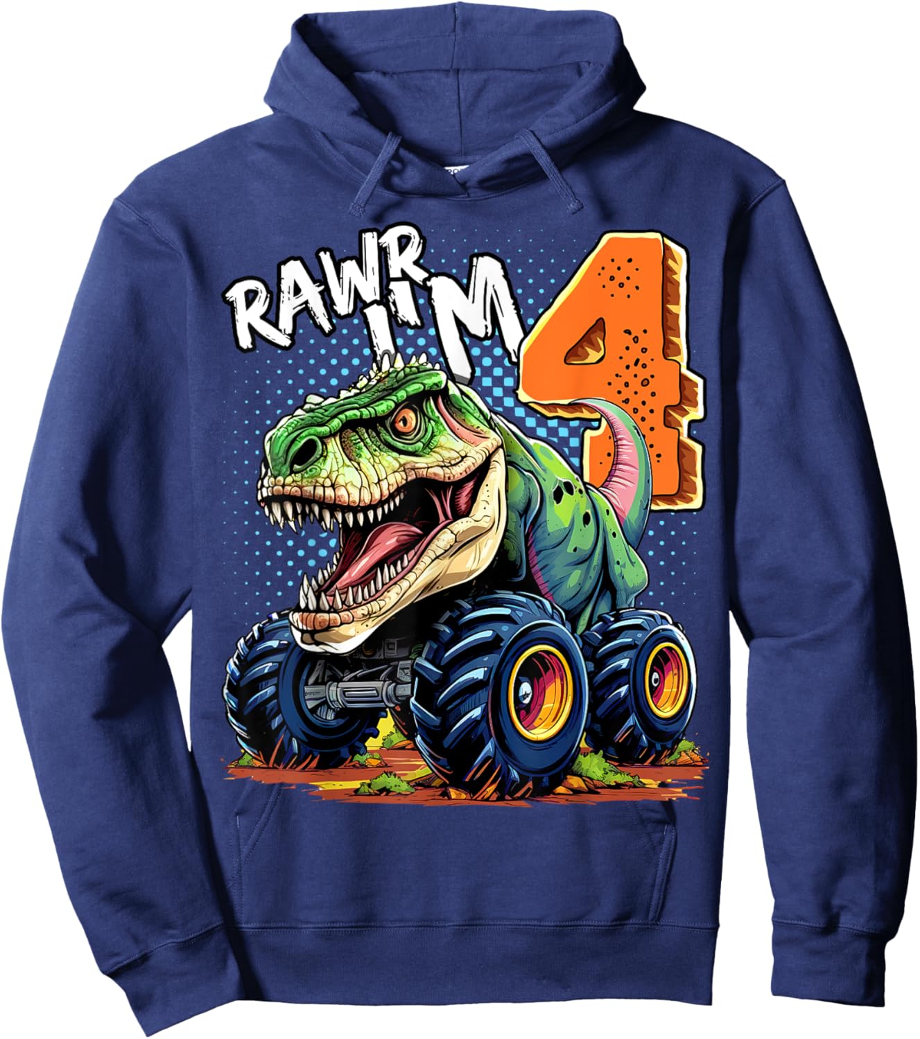 Monster Truck Dinosaur T-Rex 4th Birthday Boy 4 Year Old Hoodie - Hoodie | Navy