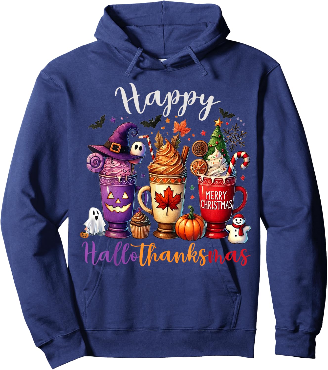 Happy Hallothanksmas Coffee Lover Halloween Merry Christmas Hoodie - Hoodie | Navy