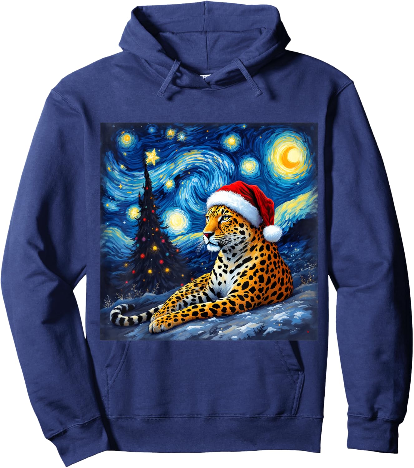 Christmas Leopard Santa Hat Van Gogh Starry Night Holiday Hoodie - Hoodie | Navy