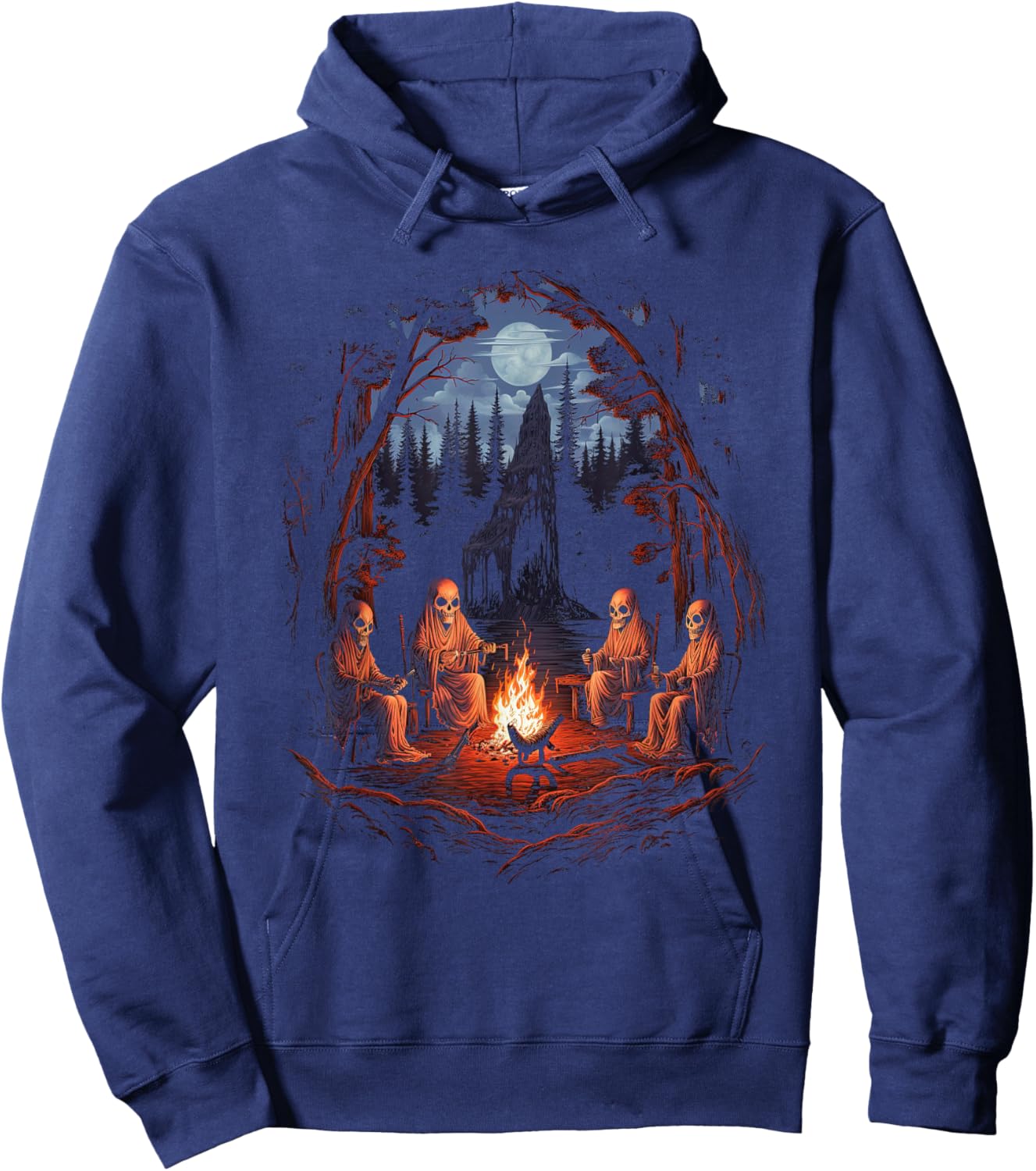 Vintage Ghost and Skeleton by Fire Camping Gothic Halloween Hoodie - Hoodie | Navy