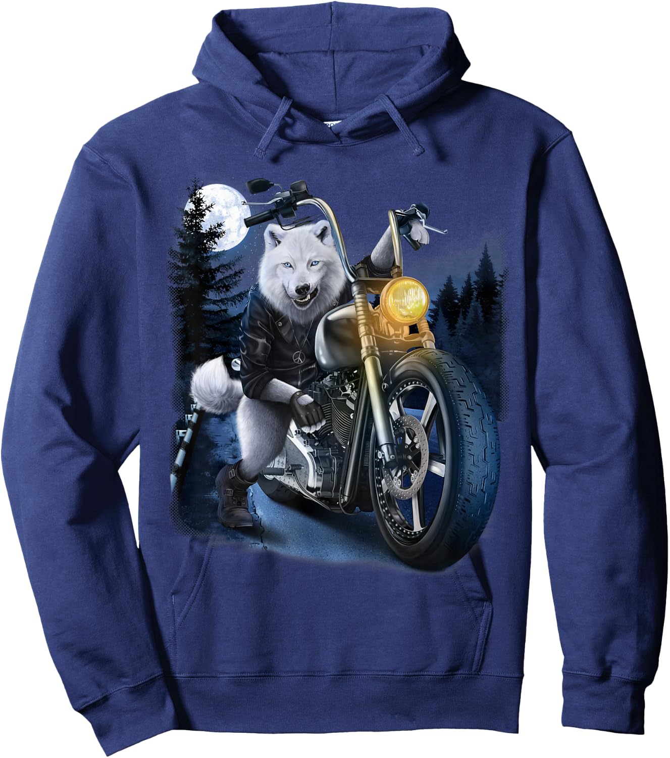 Wolf Riding Chopper Motorcycle in Full Moon Hoodie - Hoodie | Navy