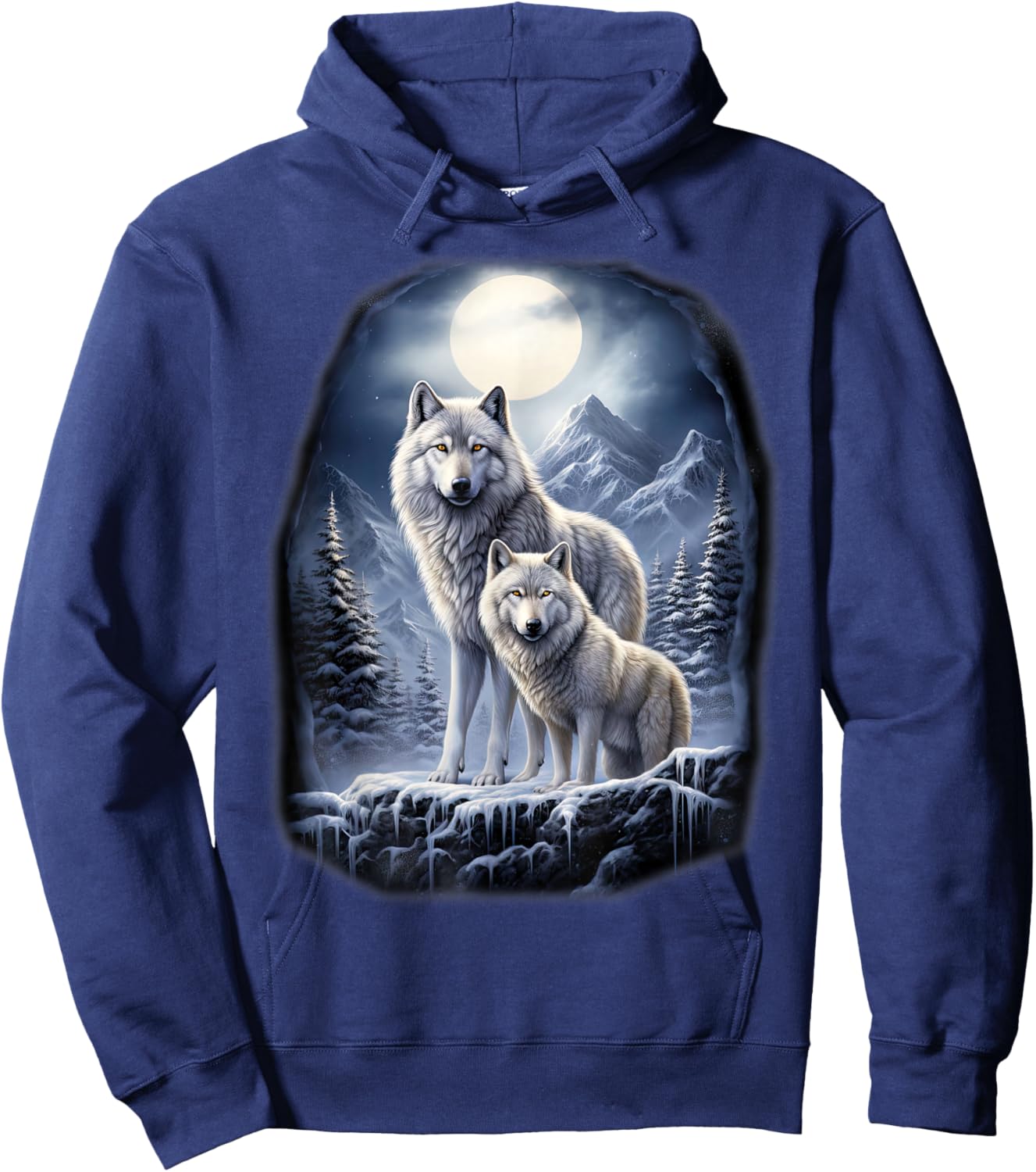 2 Wölfe auf eisigem Hügel in den Bergen vor dem Mond Hoodie - Hoodie | Navy