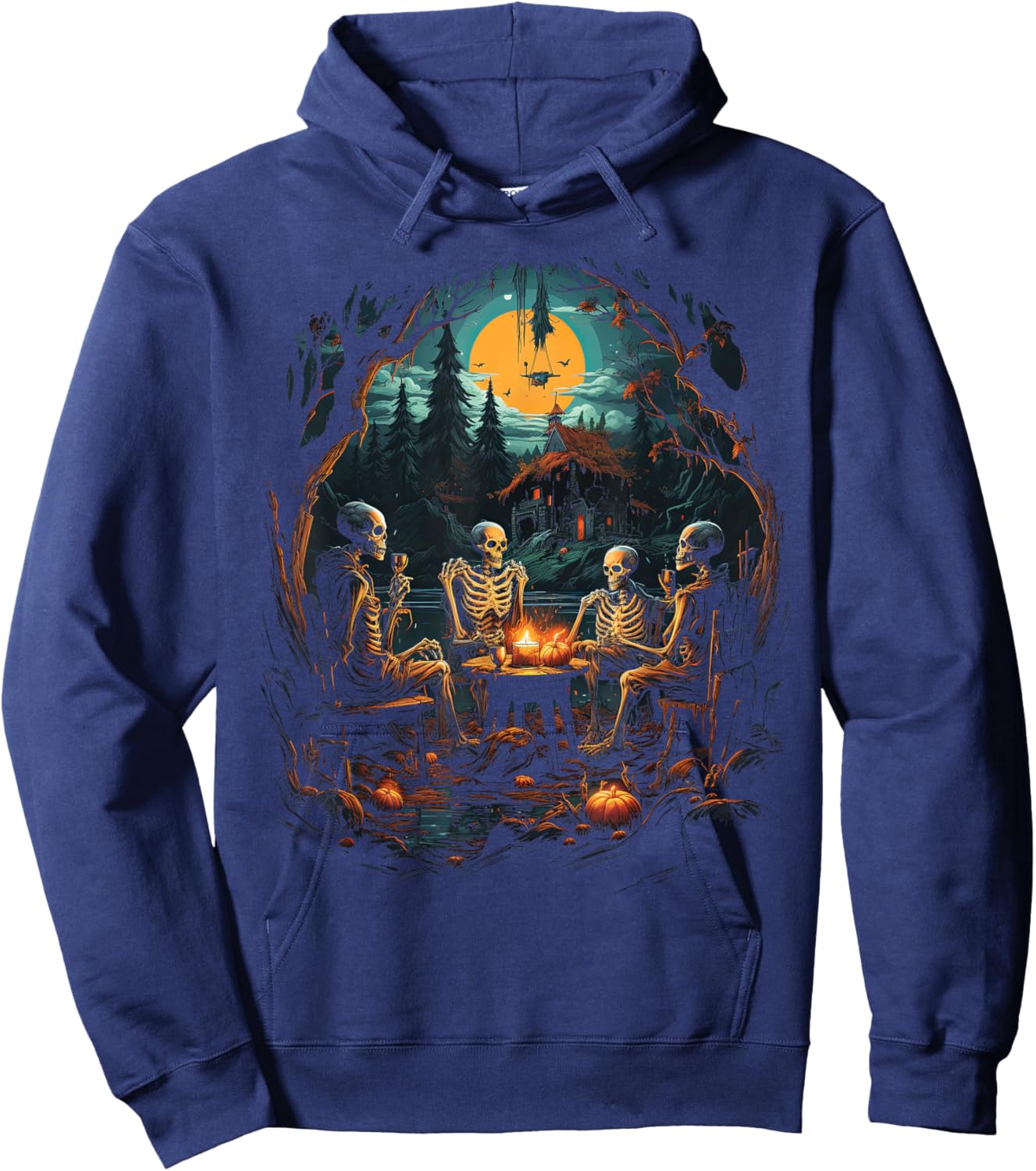 Vintage Ghost and Skeleton by Fire Camping Gothic Halloween Hoodie - Hoodie | Navy