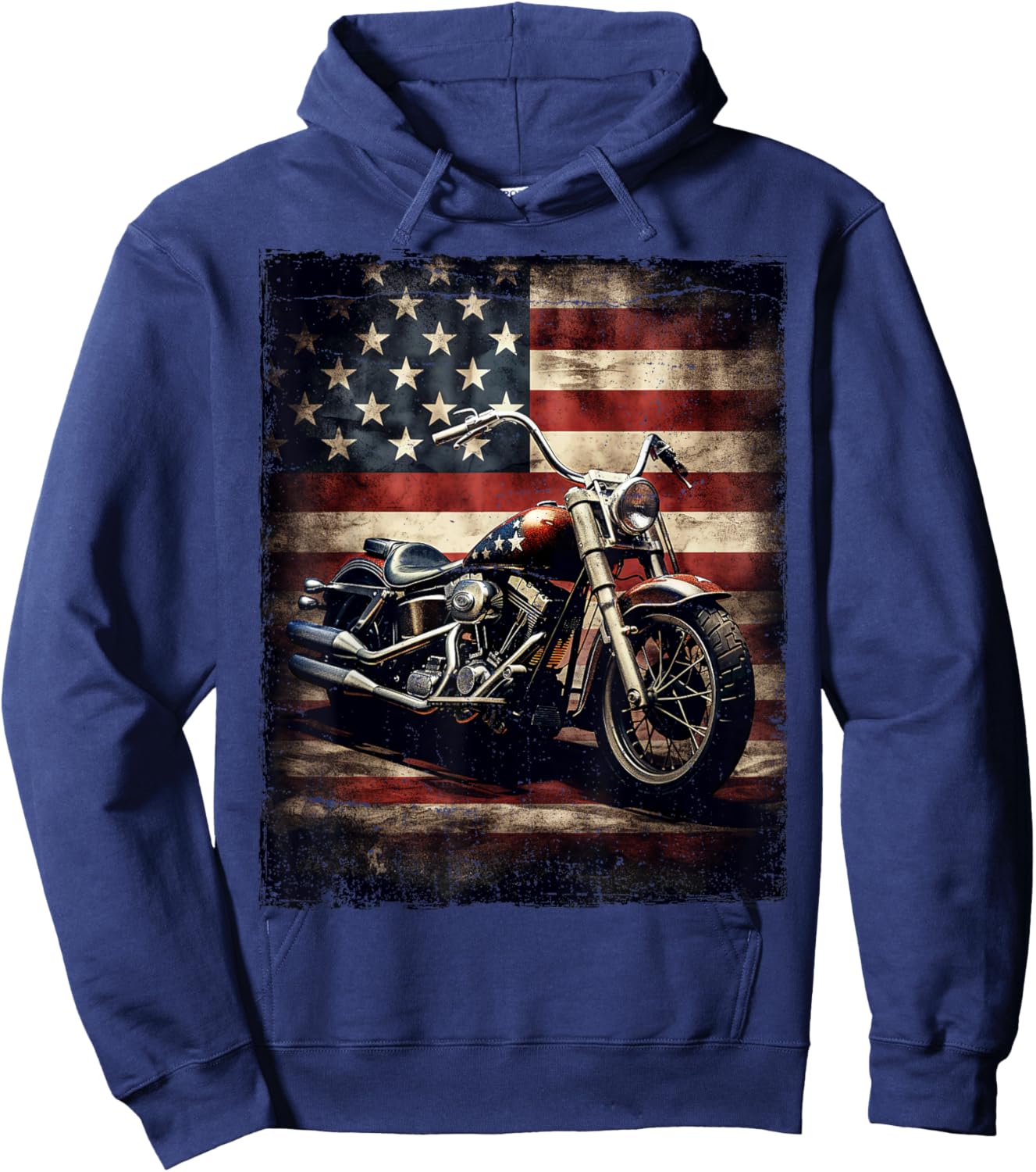 Vintage Motorcycle USA Flag Retro Biker American Hoodie - Hoodie | Navy