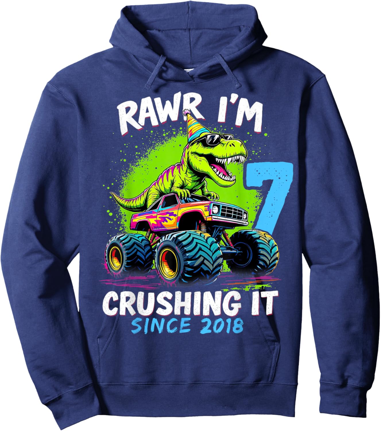 7th Birthday Monster Truck Dinosaur Party Boys Rawr I'm 7 Hoodie - Hoodie | Navy