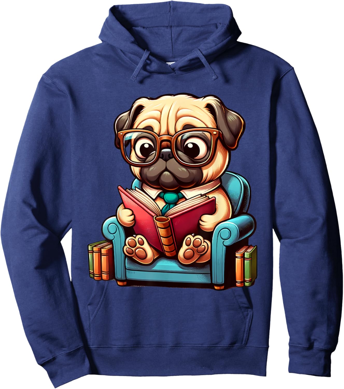 Pug Reading a Book Dog Men Women Girls Kids Hoodie - Hoodie | Navy