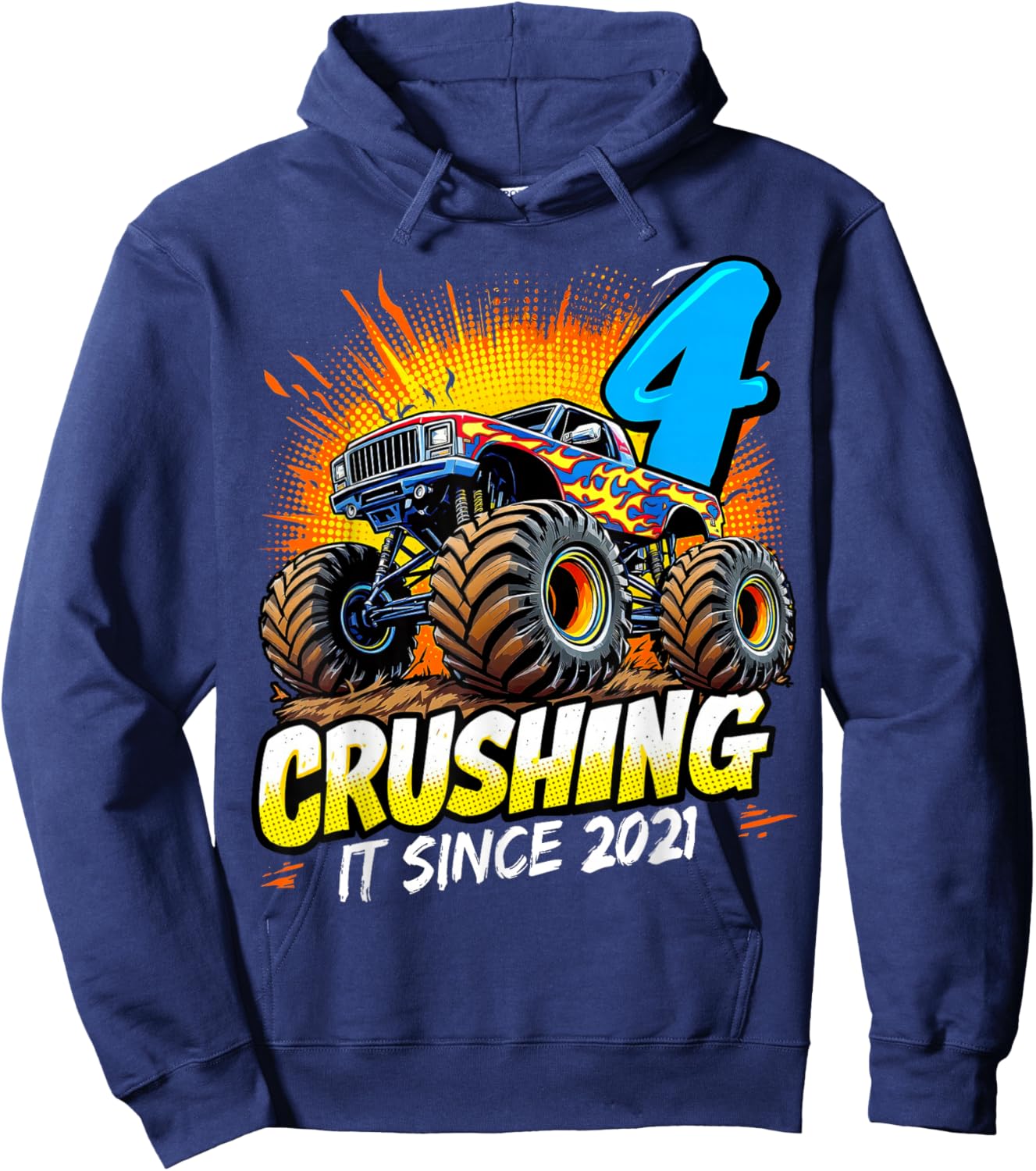 Birthday Monster Truck 4 year Old Boys 4th Party Born 2021 Hoodie - Hoodie | Navy