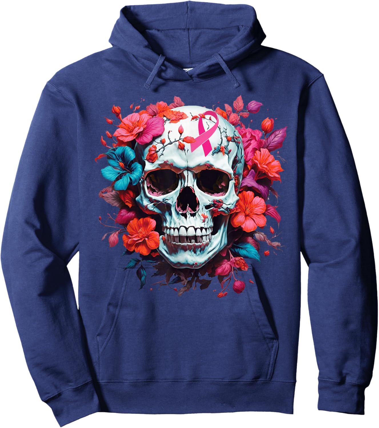 Breast Cancer Skull Shirt Sugar Skull Pink Ribbon Hoodie - Hoodie | Navy