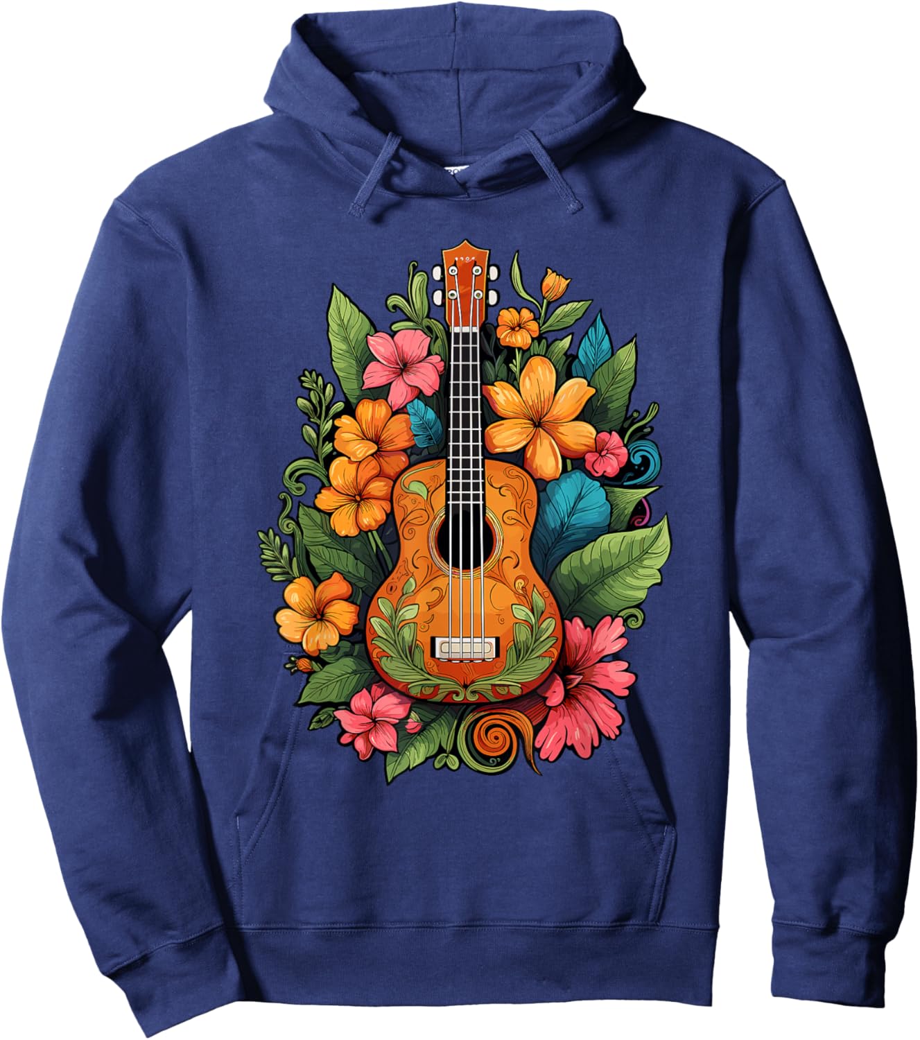 Ukulele Player Hawaiian Tropical Flowers Women Hoodie - Hoodie | Navy