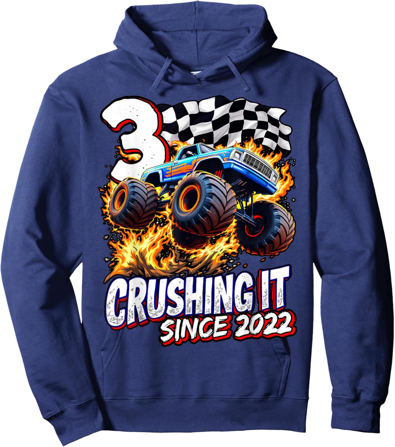 Birthday Monster Truck 3 year Old Boys 3rd Party Born 2022 Hoodie - Hoodie | Navy