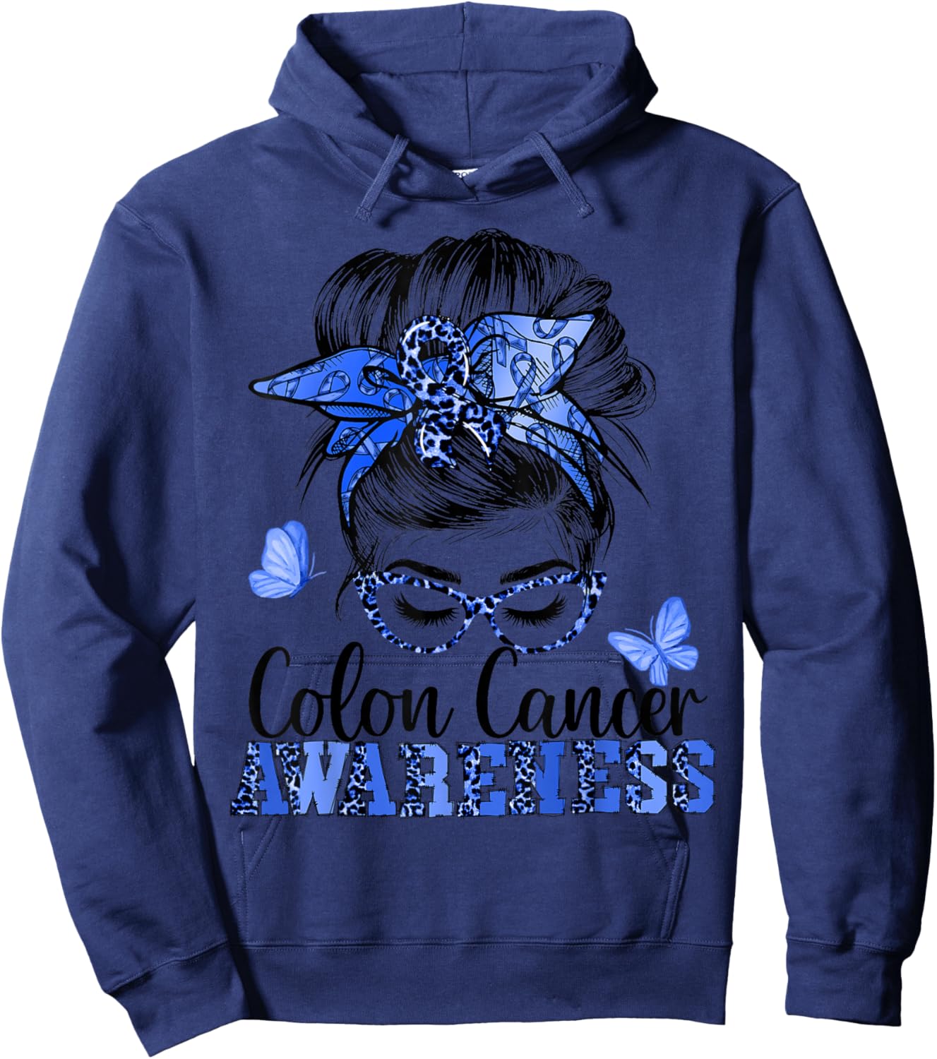 Messy Bun Hair Blue Ribbon Butterfly Colon Cancer Awareness Hoodie - Hoodie | Navy