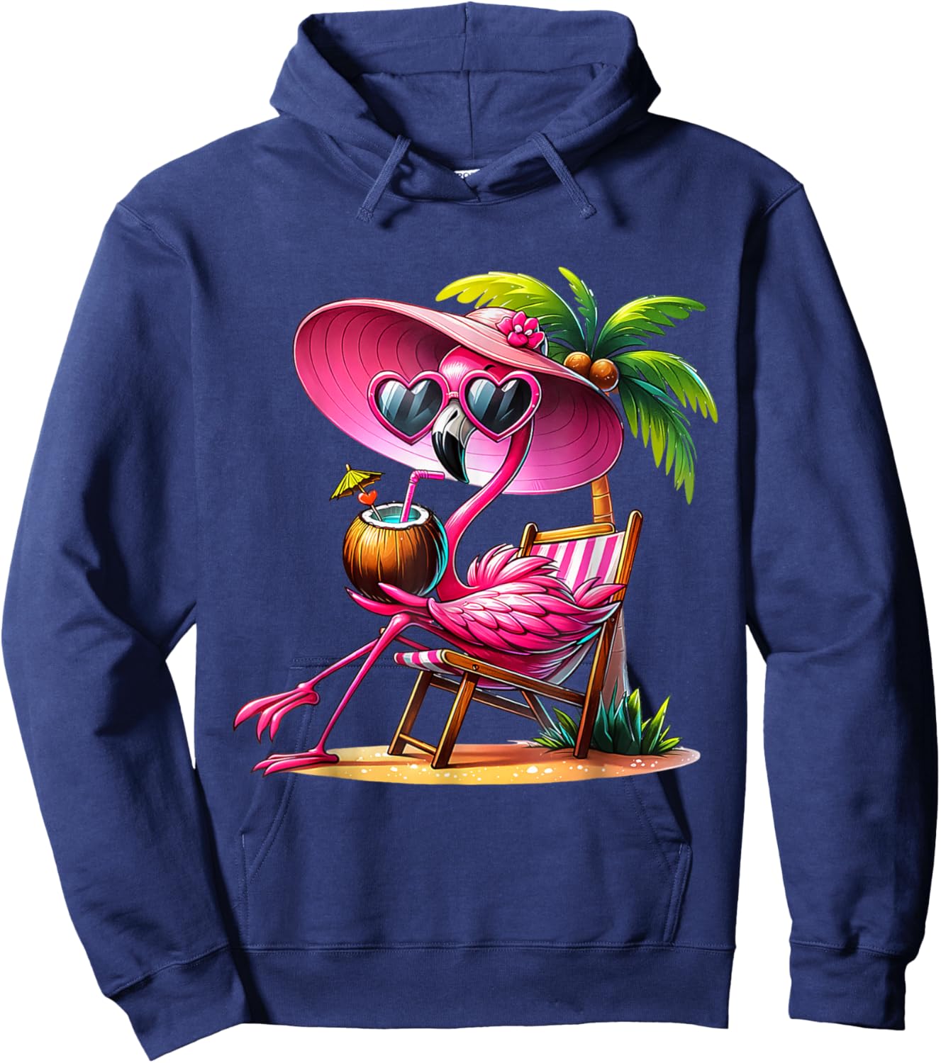 Pink Flamingo Summer Vibes Beach Palm Tree Summer Vacation Hoodie - Hoodie | Navy