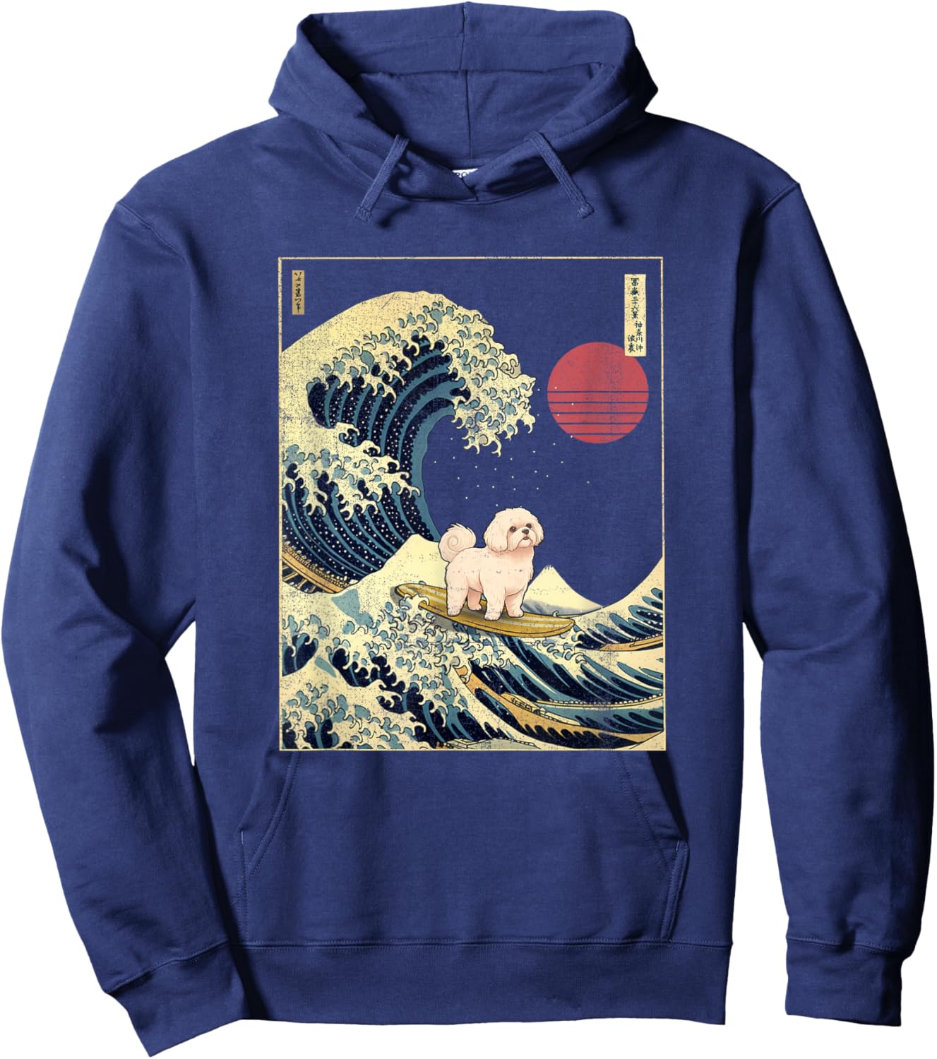 Maltese Japanese Kanagawa Wave Funny Surf Dog Hoodie - Hoodie | Navy