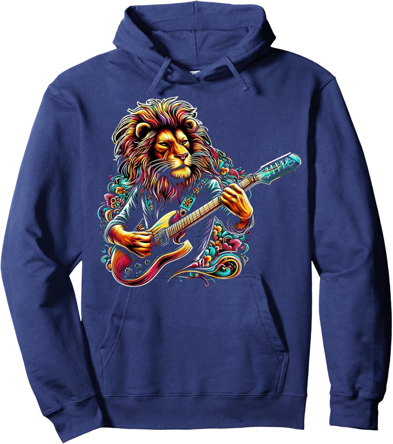 Lion Man Rock on Playing Guitar Music Vintage Guitarist Hoodie - Hoodie | Navy