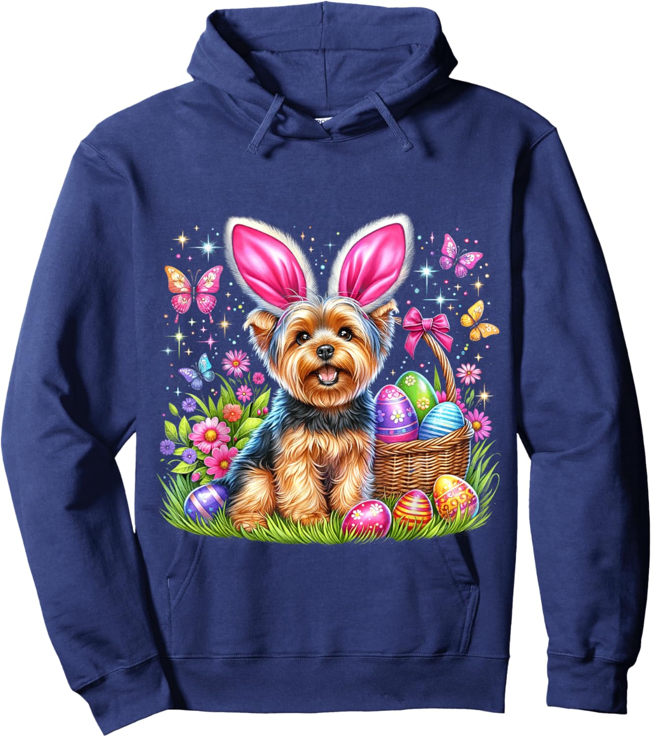 Cute Bunny Yorkshire Terrier Dog Easter Eggs Basket Men Women Kids Hoodie - Hoodie | Navy