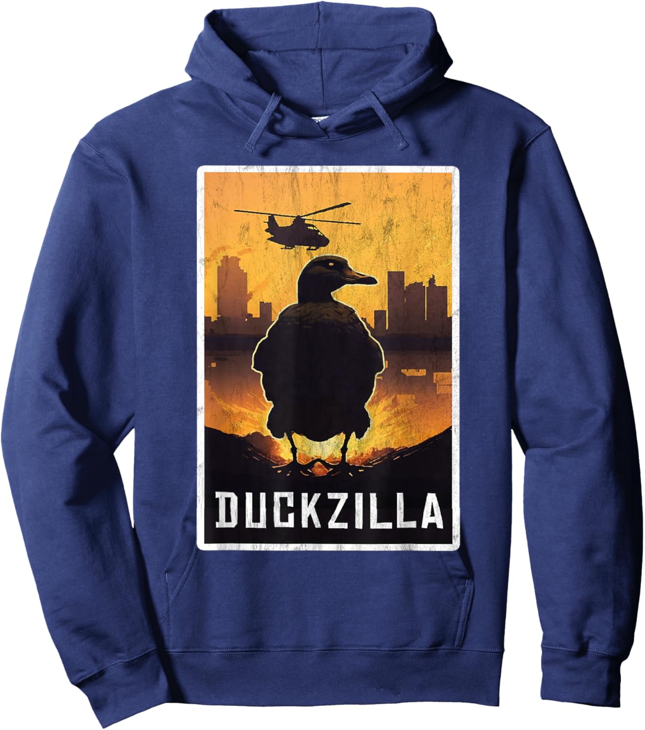 Duckzilla Retro Poster Outfit Funny Duck Apparel Farmer Hoodie - Hoodie | Navy