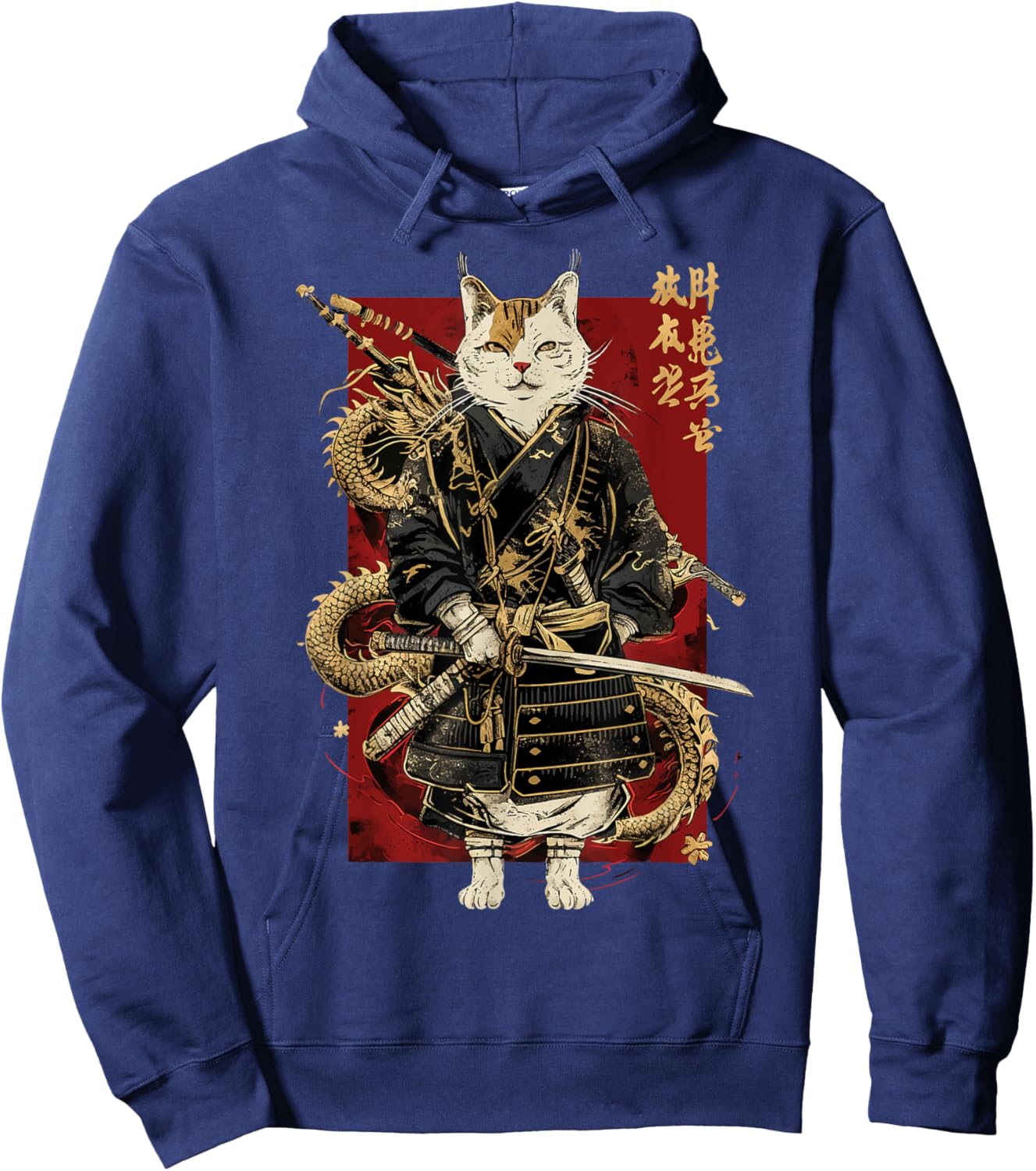 Samurai Cat with Dragon Japanese Kanji, Japan art lover Women Girls Kids Hoodie - Hoodie | Navy