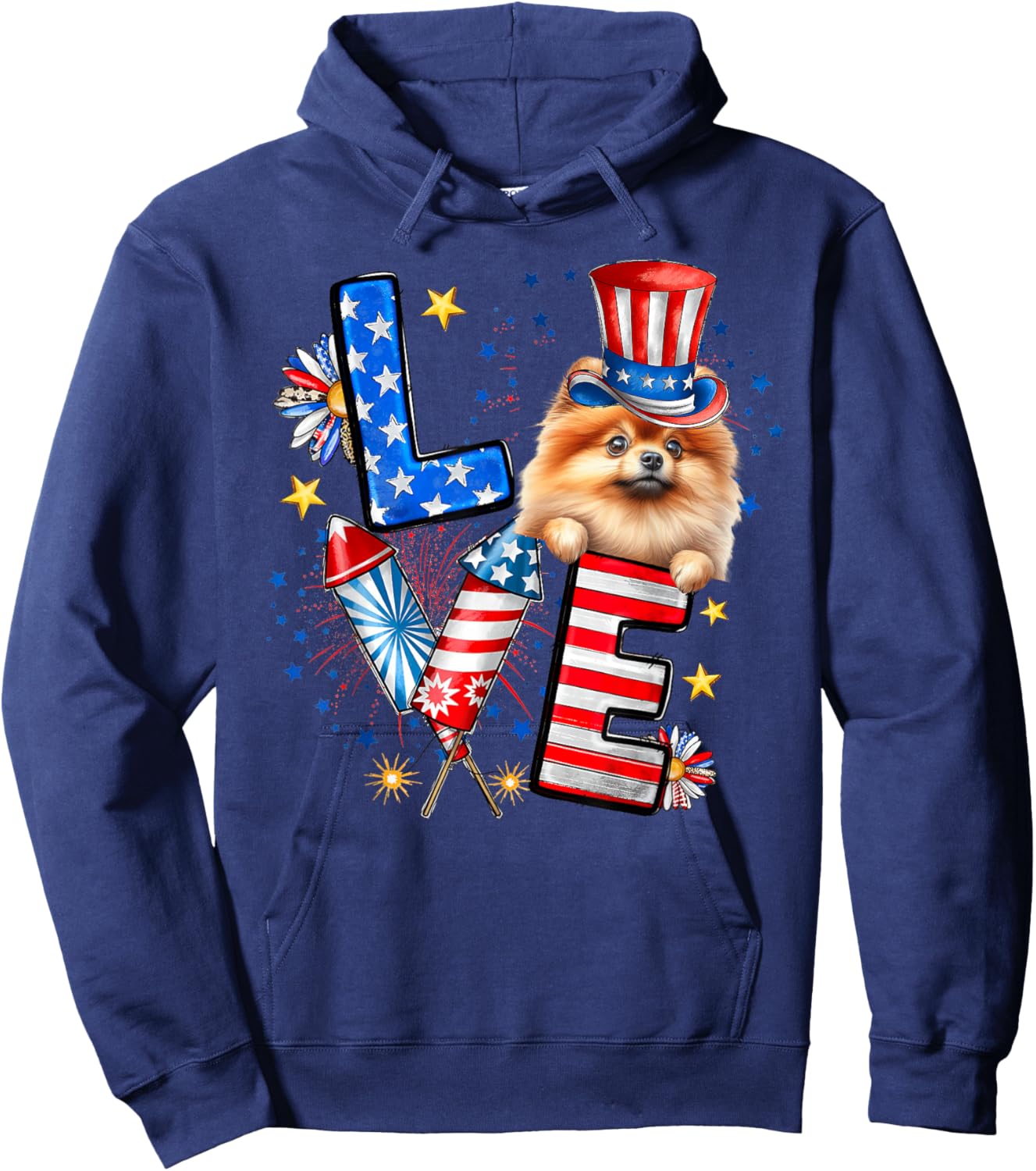 LOVE Pomeranian Dog American Flag 4th Of July Hoodie - Hoodie | Navy