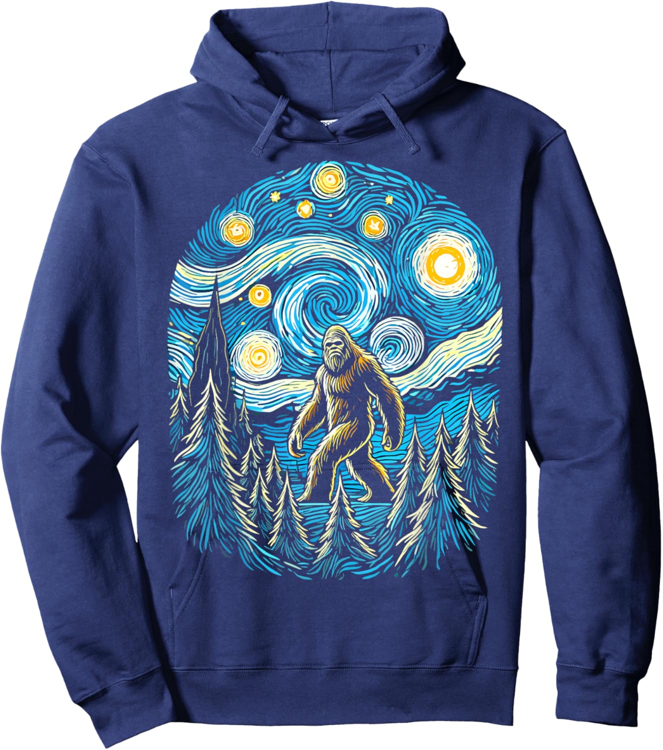 Bigfoot Starry Night Forest Van Gogh Sasquatch Painting Art Hoodie - Hoodie | Navy