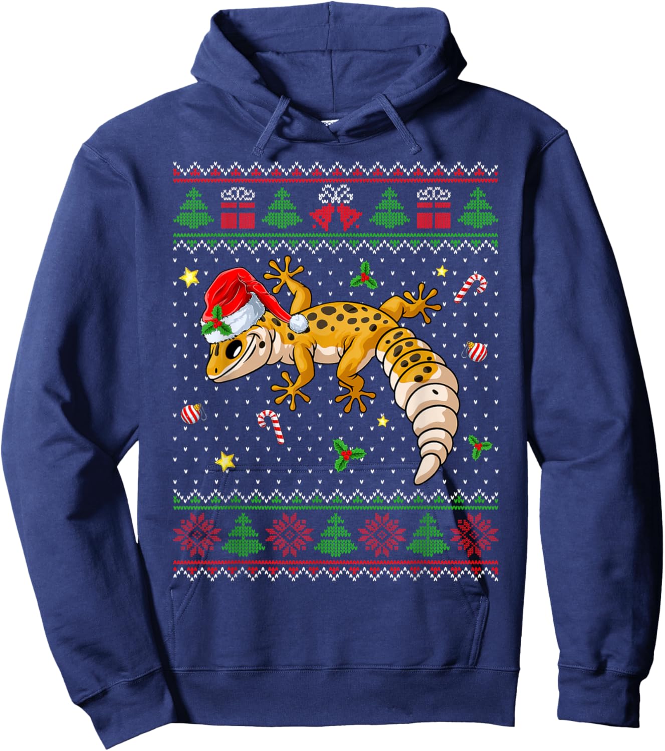 Cute Leopard Gecko Santa Hat Ugly Christmas Sweater Xmas PJS Hoodie - Hoodie | Navy