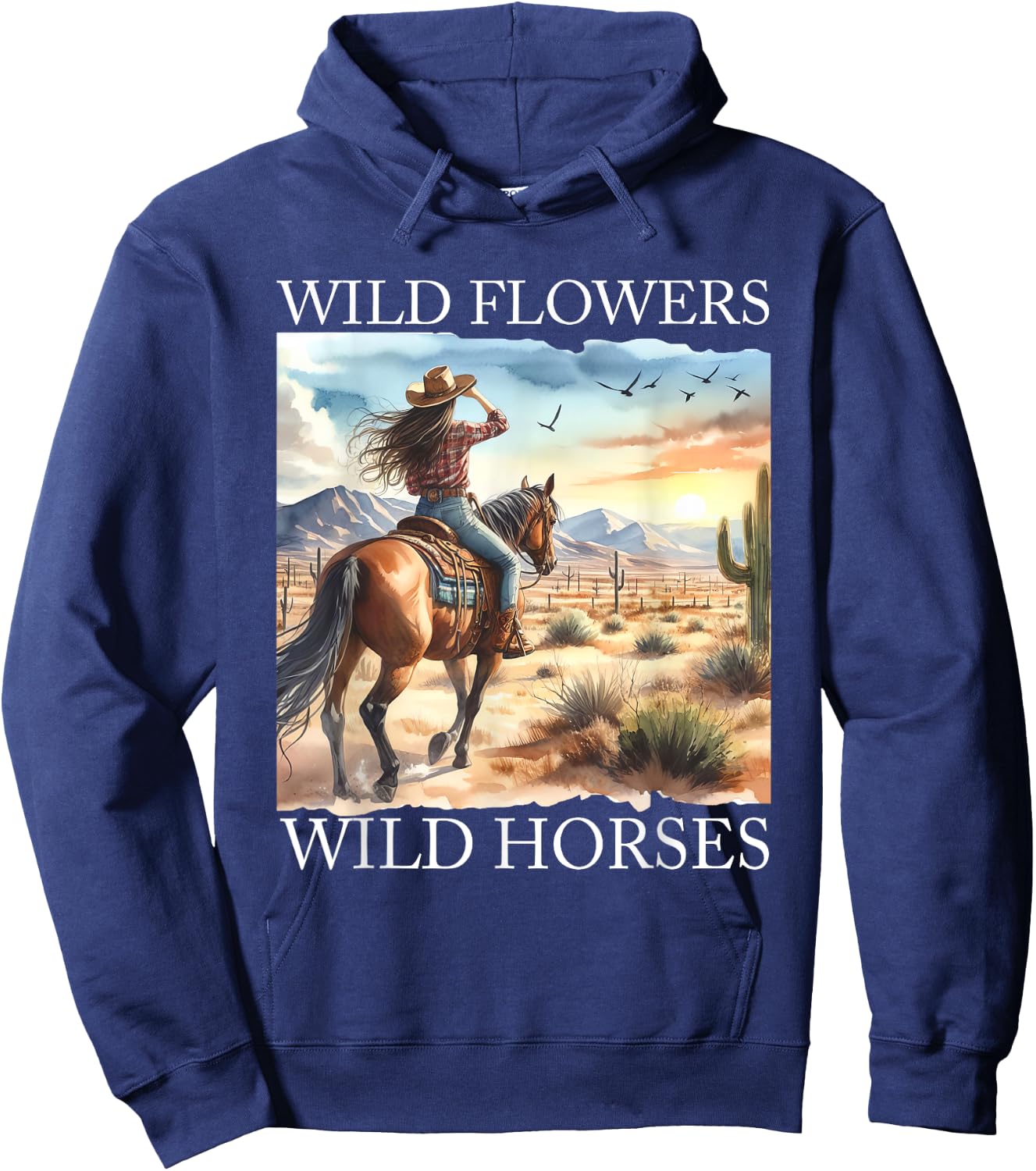 Sunset Cowgirl Riding Horse Wild Flowers - Wild Horses Hoodie - Hoodie | Navy