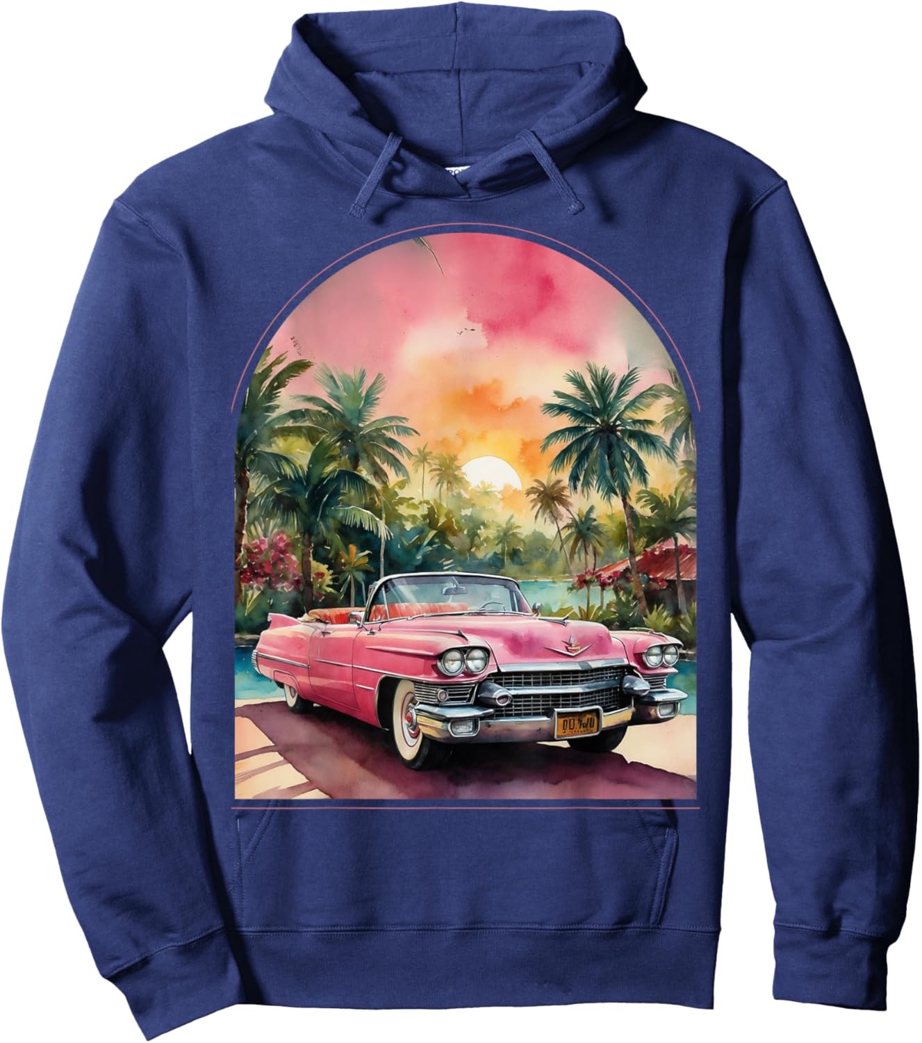 Old School Cadillac Pink | Watercolor | Palm Trees | Exotic Hoodie - Hoodie | Navy