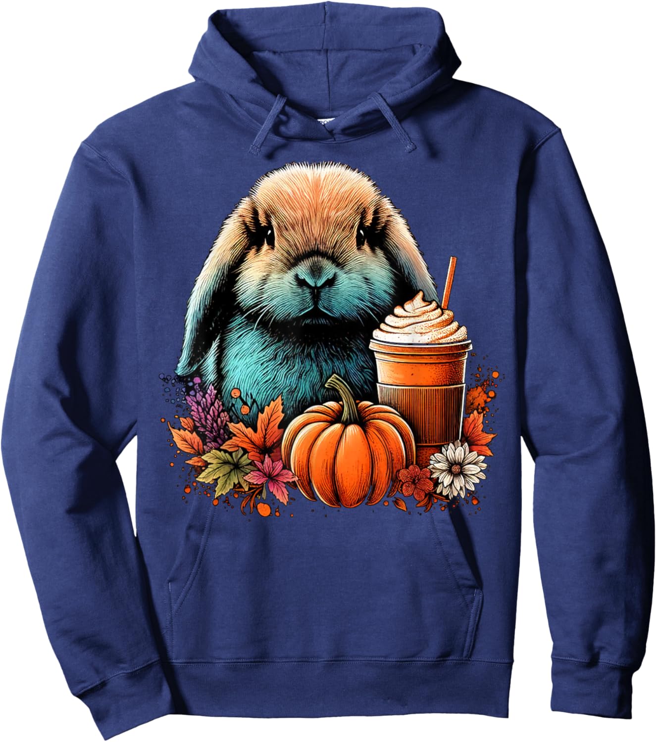 Holland Lop Rabbit Pumpkin Spice Latte Lovers Bunny Autumn Hoodie - Hoodie | Navy