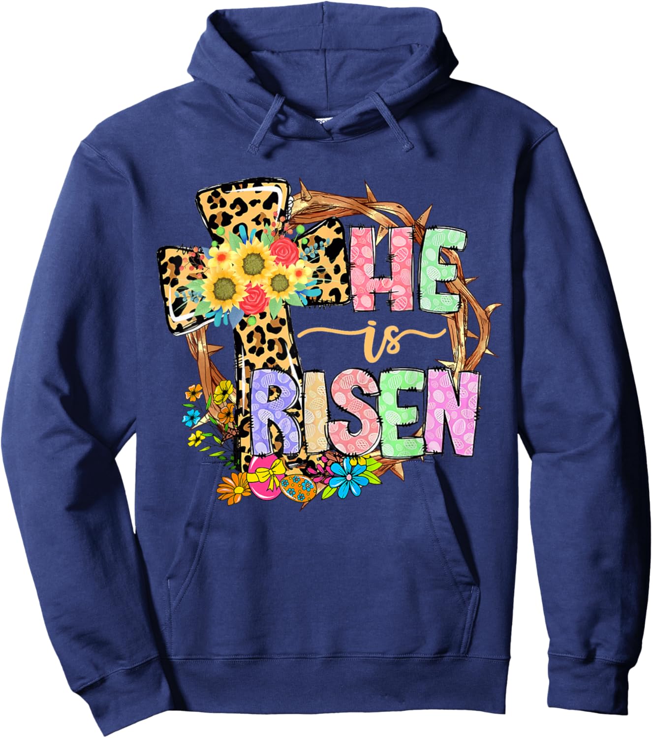 He Is Risen Floral Jesus Easter Day Christians Leopard Cross Hoodie - Hoodie | Navy