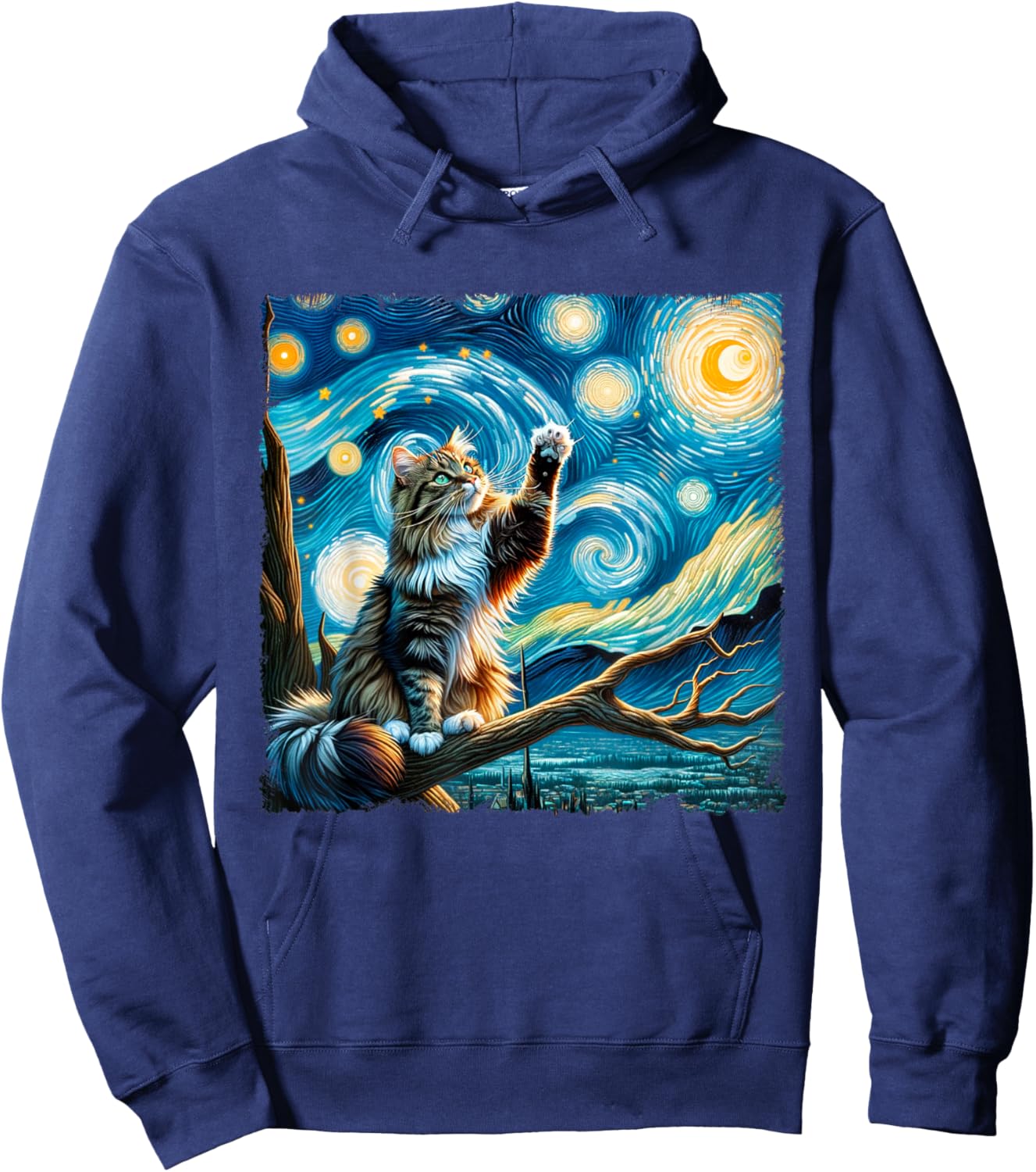 Vintage Cute Animals Cat Starry Night Kawai Norwegian Forest Men Women Kids Hoodie - Hoodie | Navy