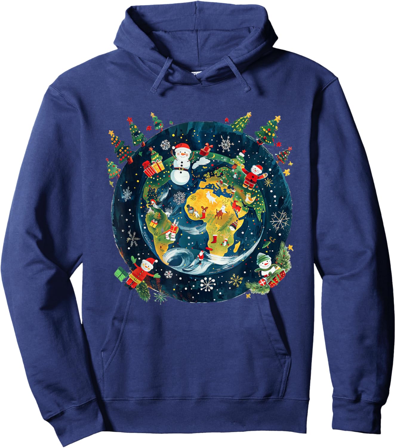Global Xmas Celebration Apparel -Adults Christmas , Black, Small, Short Sleeve, Modern, Winter, Christmas Around the World Festive Winter Earth Design Hoodie - Hoodie | Navy