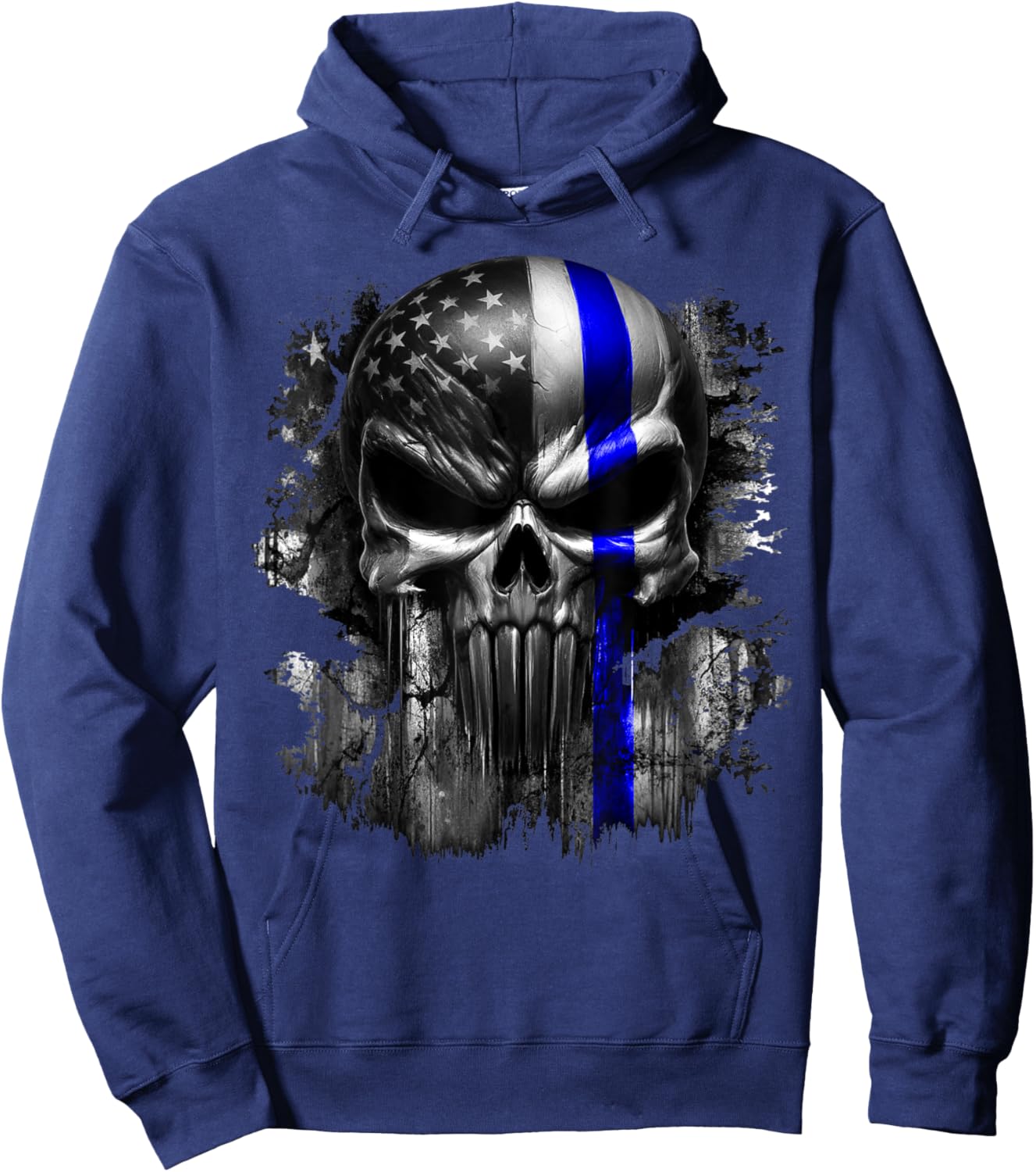 USA American Skull Patriotic Flag Blue Line Grunge Graphic Women Men Hoodie - Hoodie | Navy