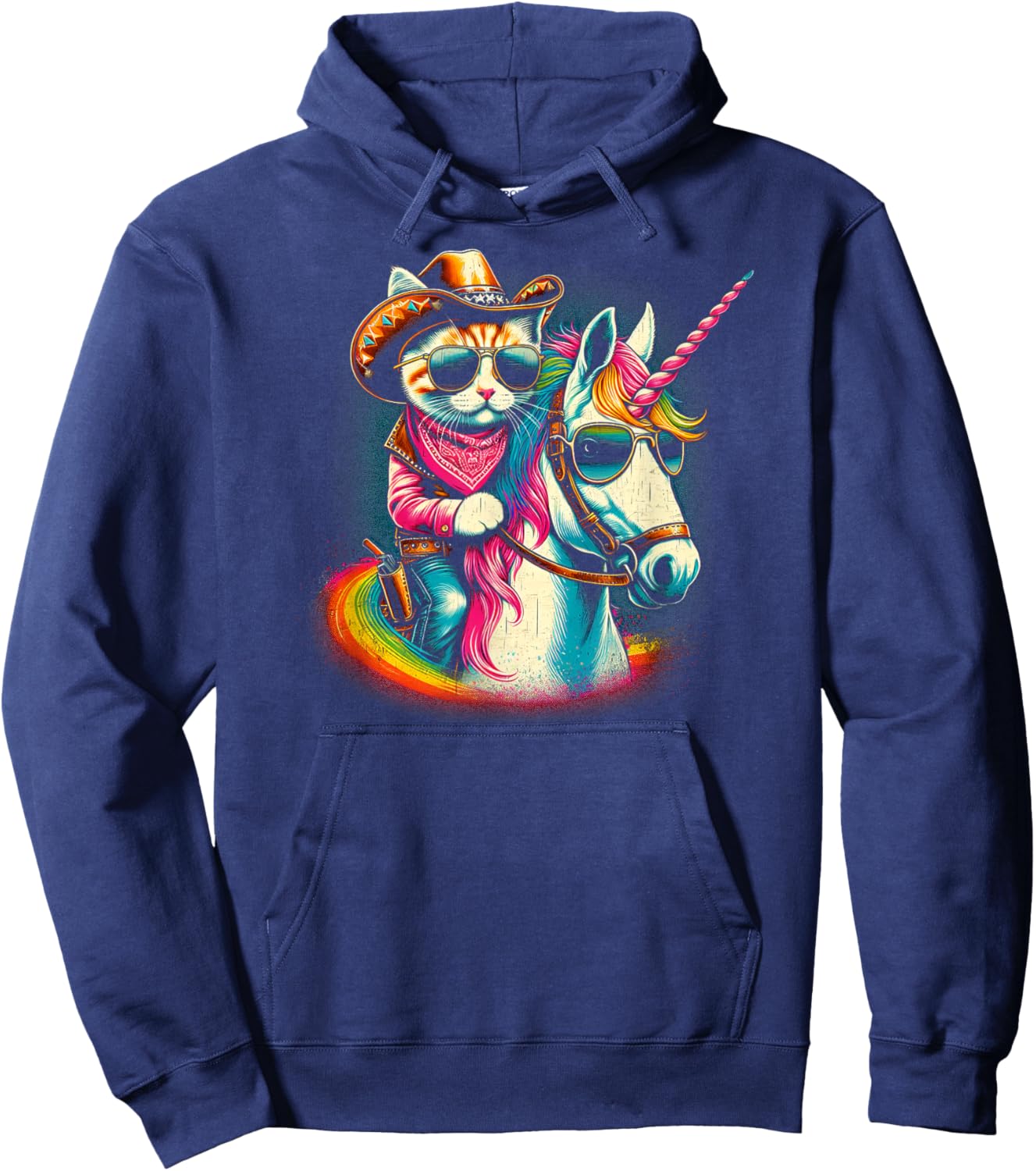 Whimsical Wear Cowboy Cat Riding Unicorn Fun Hoodie - Hoodie | Navy