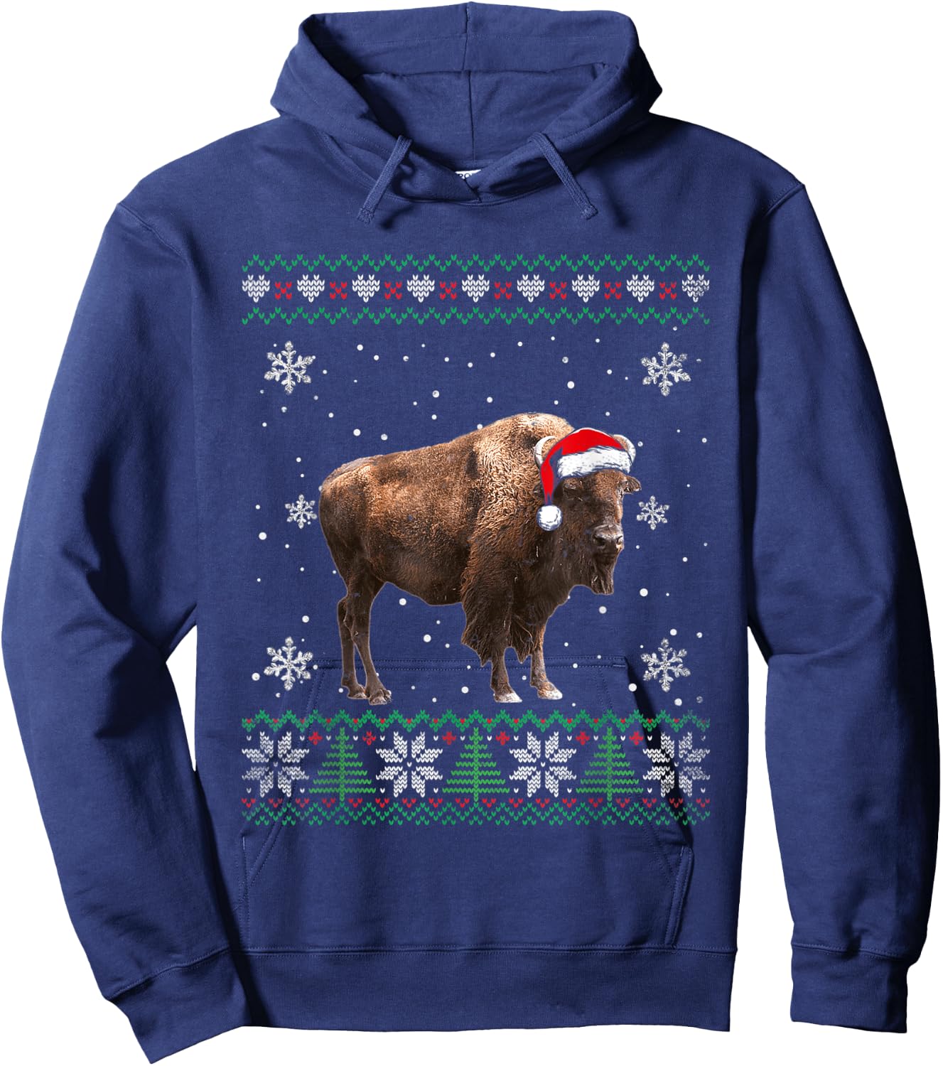 Santa Bison Ugly Sweater Animals Christmas Pajama Hoodie - Hoodie | Navy