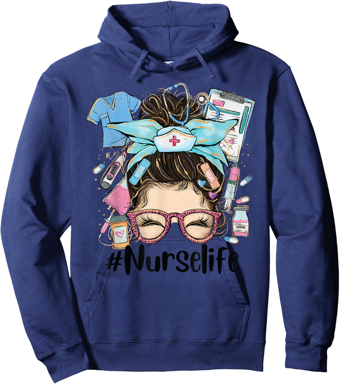 Messy Hair Woman Bun Nurse Life Healthcare Life funny Hoodie - Hoodie | Navy