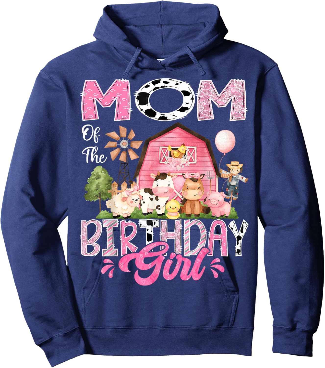 Mom Of The Birthday Girl Pink Farm Cow First Birthday Hoodie - Hoodie | Navy