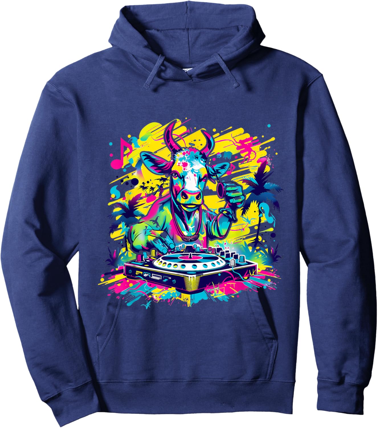Cow DJ Tropical Colourful Turntable DJ Cow EDM Cow Lover Hoodie - Hoodie | Navy