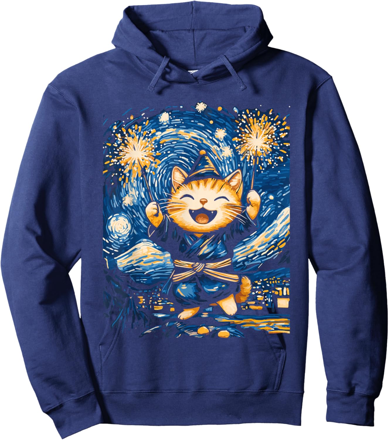 New Year Cat Starry Night Art for Cat Lovers Hoodie - Hoodie | Navy